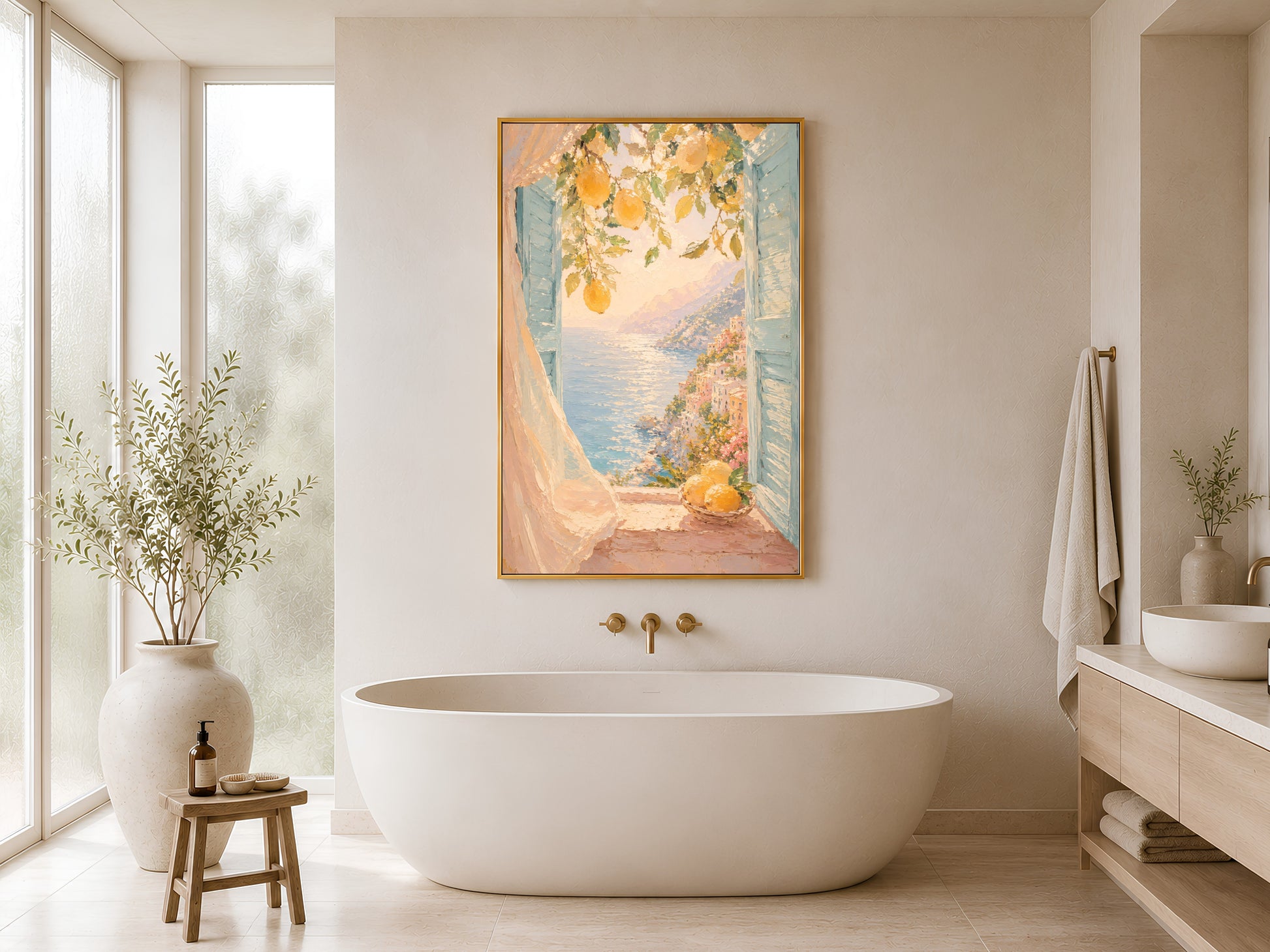 Lemon Amalfi print in gold frame hung in a bright minimal bathroom with freestanding tub and wood stool