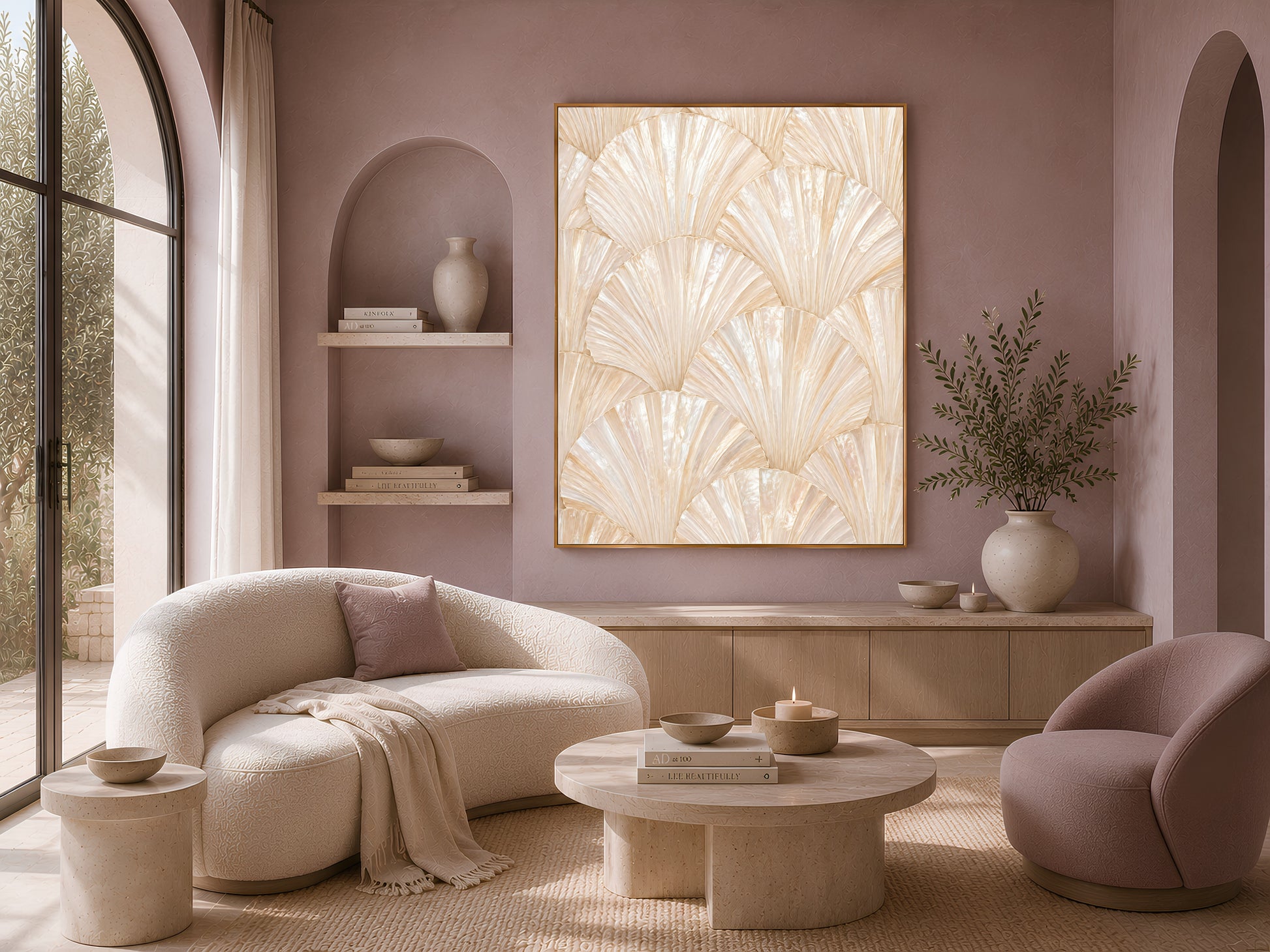 Gold leaf art above sofa, blush living room decor, Japandi living room wall art