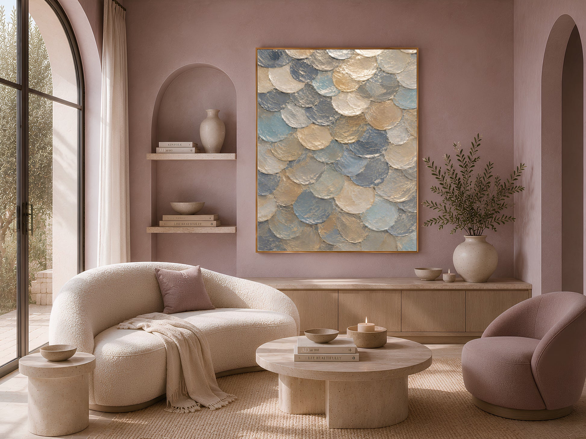 Framed capiz shell mosaic wall art above a curved sofa in a sunlit living room with a round coffee table
