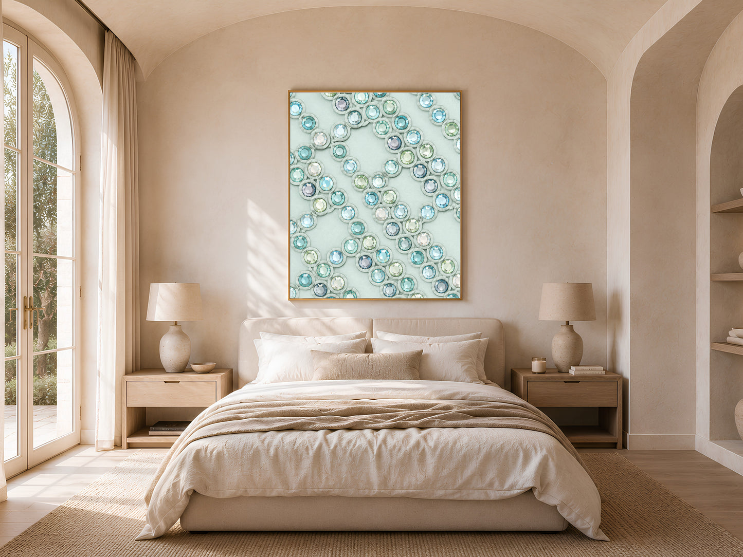 Crystal gemstone wall art framed above a bed in a warm neutral bedroom with arched windows
