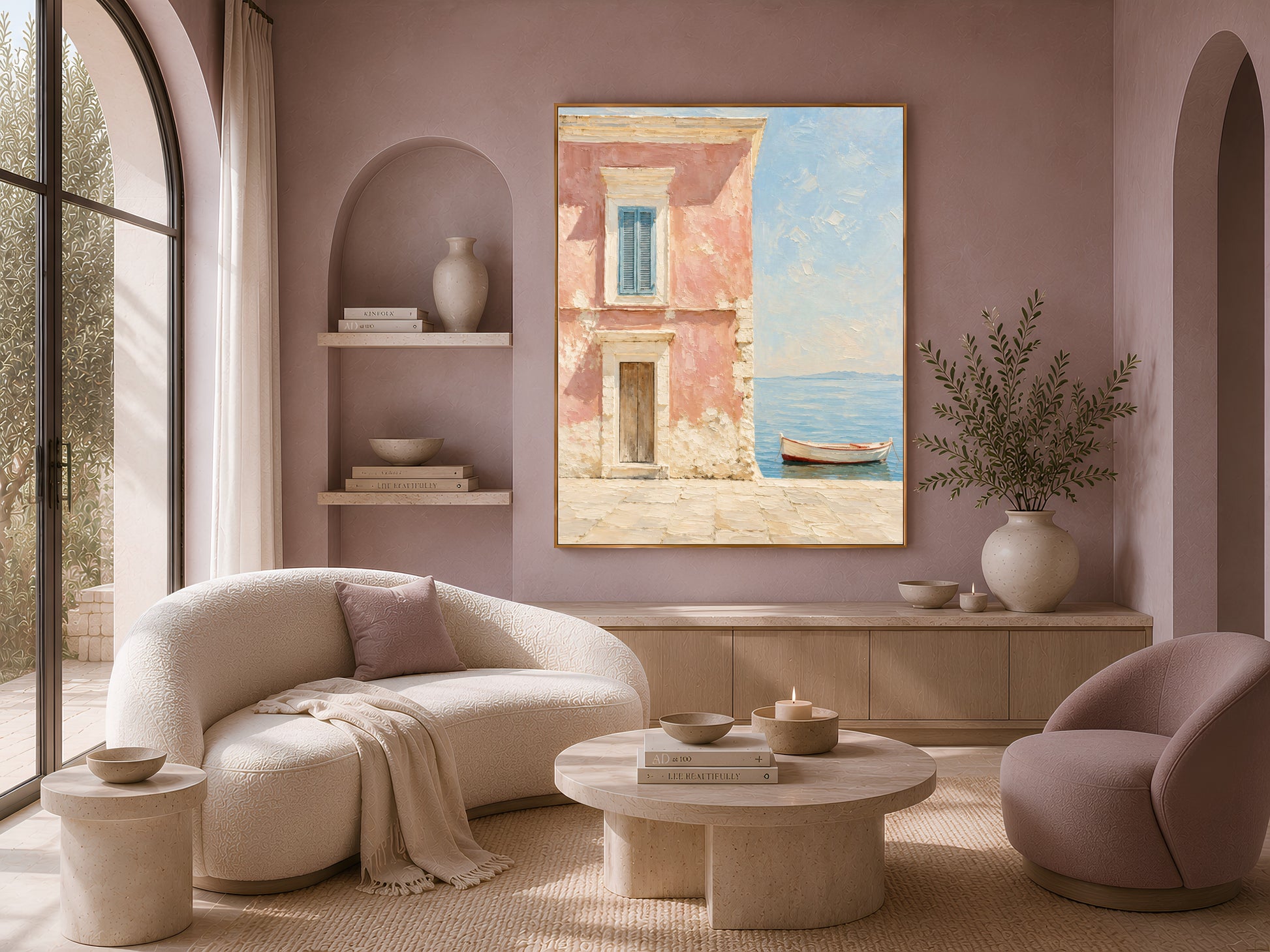Framed pink Amalfi Coast wall art above a beige boucle sofa in a cozy neutral living room with a round coffee table