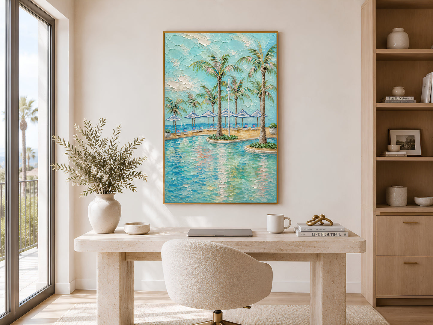 Gold-framed tropical pool and palm tree impasto print beside a large window in a bright home office with warm neutral shelving, a round desk, and dried stem arrangements
