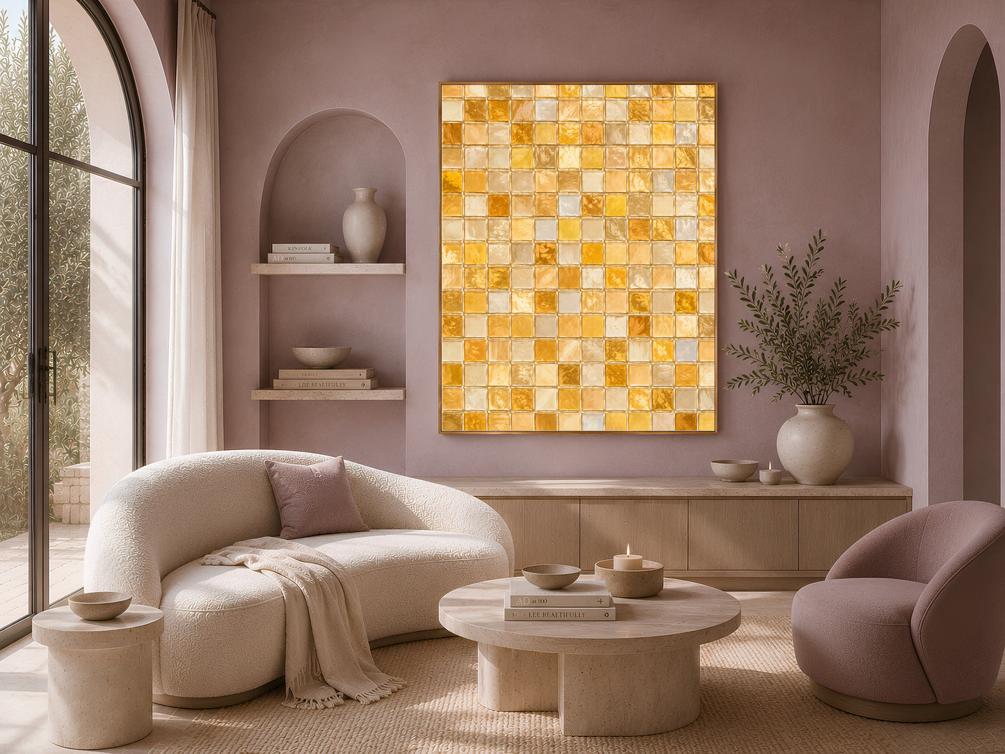 Gold mosaic wall art framed in a living room nook with arched window, shelving, and a linen throw
