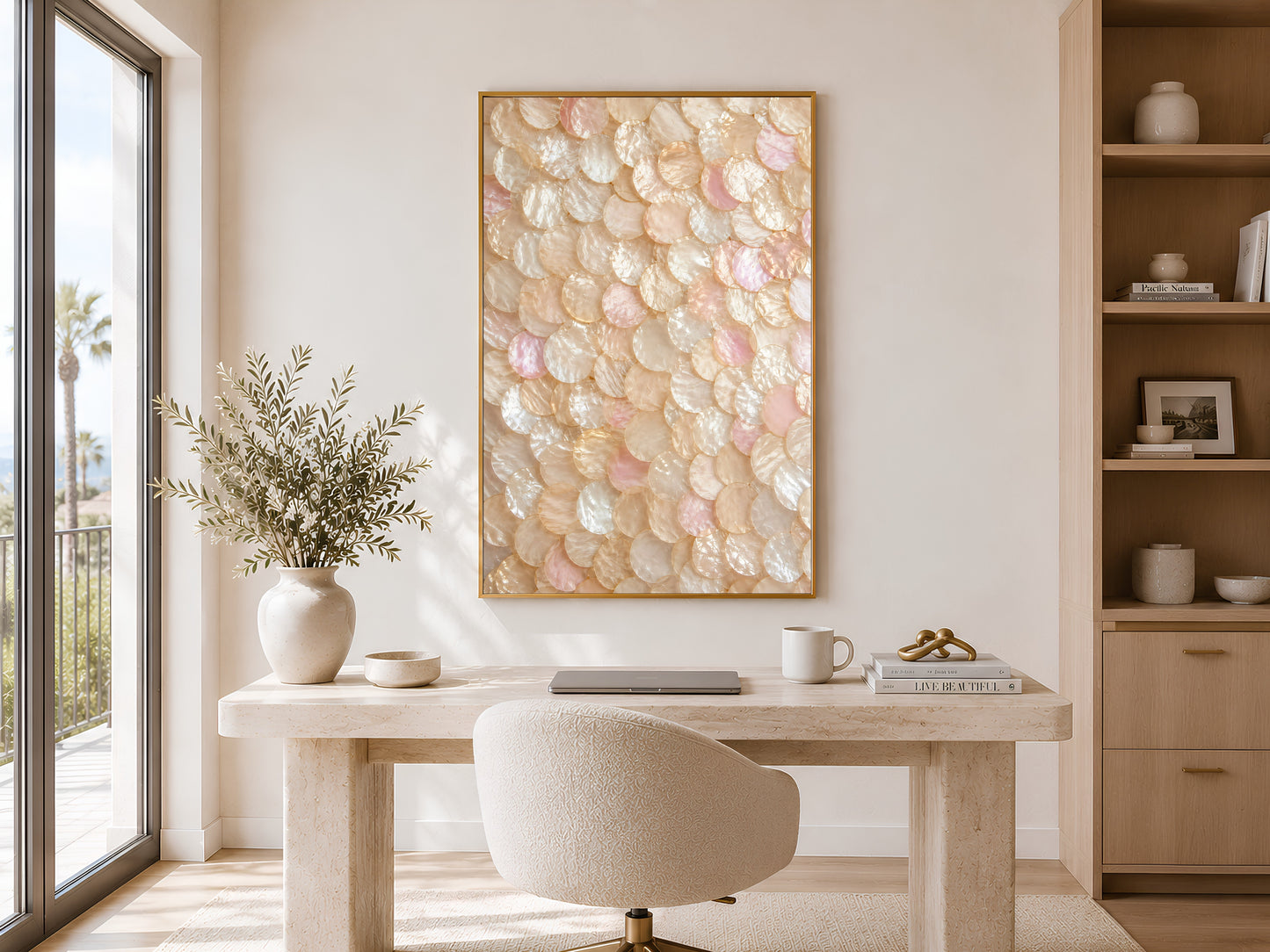 Blush pearl shell wall art printable displayed above a minimalist desk in a warm organic modern home office with coastal-inspired decor.