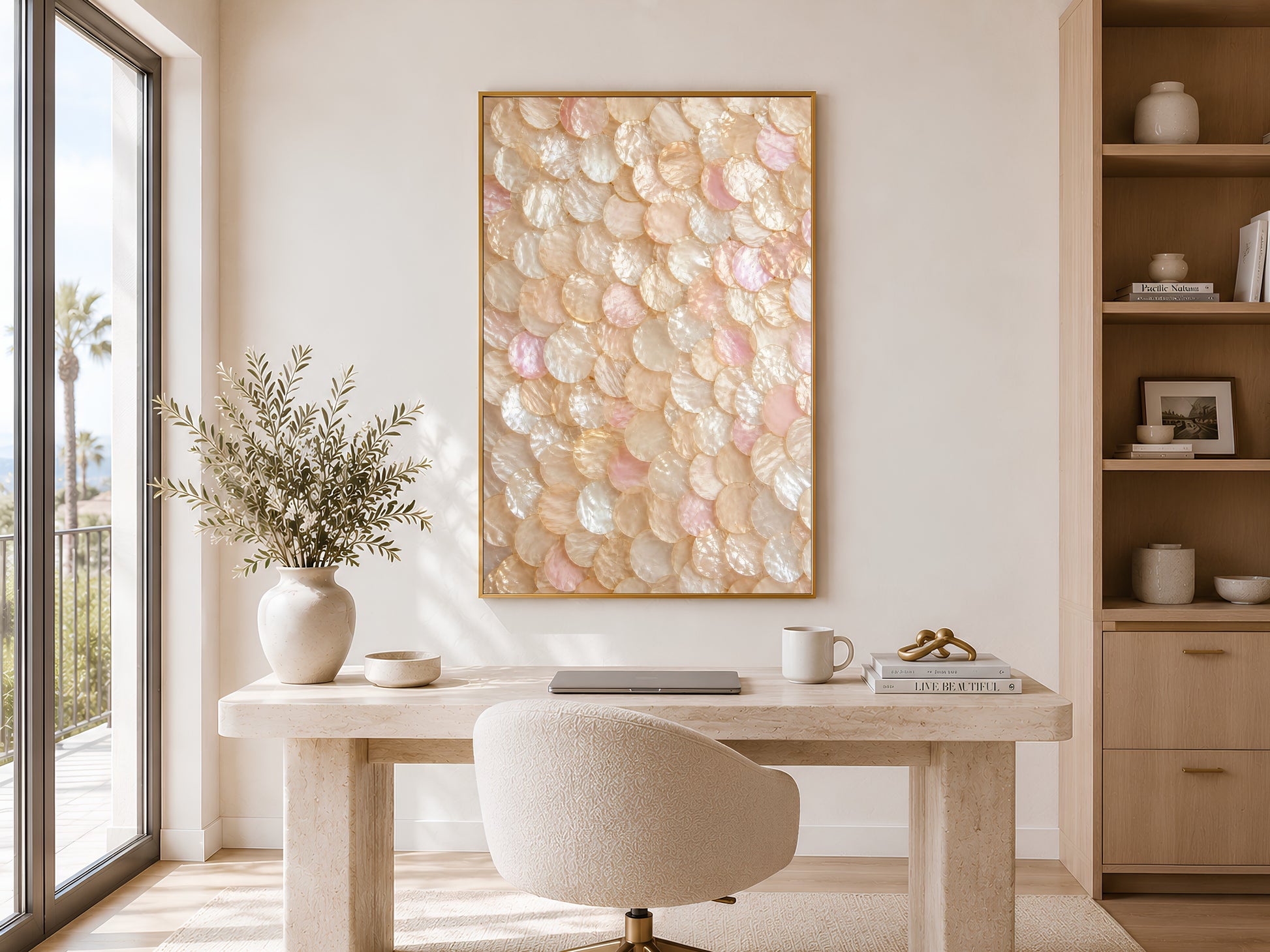 Blush pearl shell wall art printable displayed above a minimalist desk in a warm organic modern home office with coastal-inspired decor.