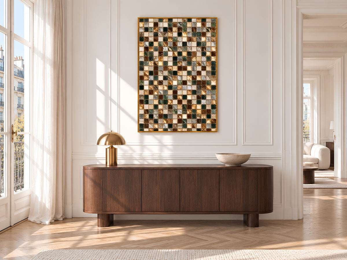 Brown and Green Mosaic Tile Wall Art Print, Earth Tone Tile Grid Painting with Gold Lines, Printable Warm Neutral Decor, Digital Download