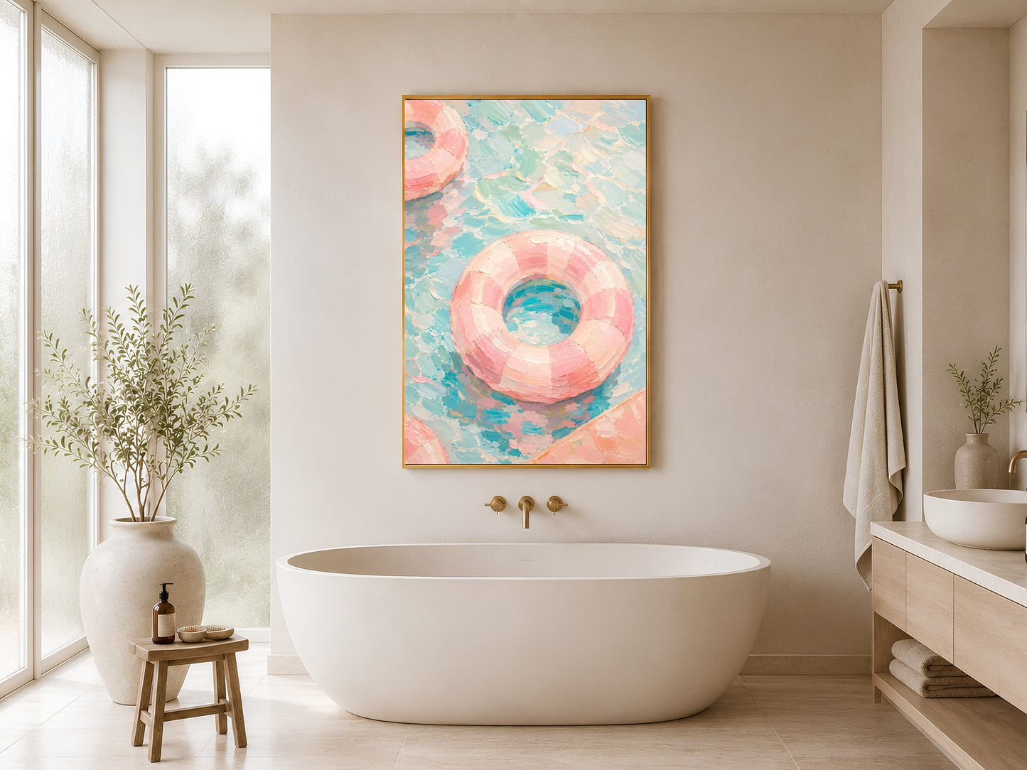 Pool float pastel wall art in gold frame hung in a minimal white bathroom with freestanding bathtub and wood stool
