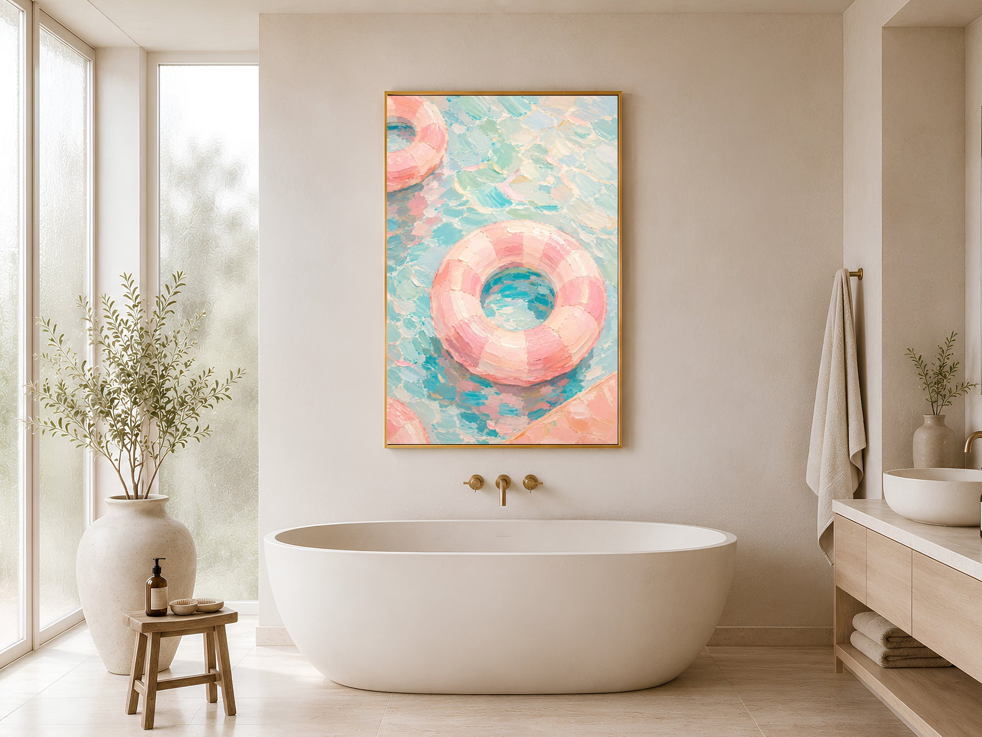 Pool float pastel wall art in gold frame hung in a minimal white bathroom with freestanding bathtub and wood stool