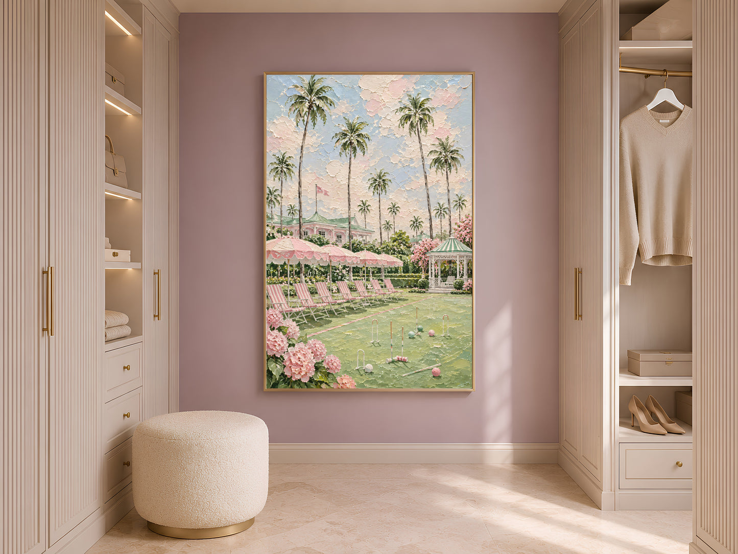 Pink preppy resort painting framed in a closet beside open wardrobe shelving
