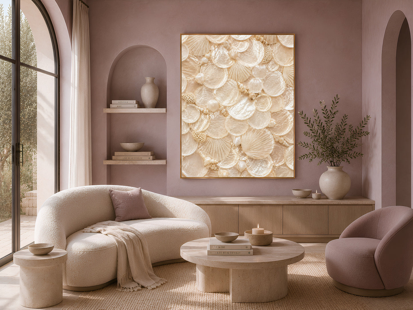 Sunlit living room with curved bouclé sofas, a coffee table, and a framed nautilus shell print on the mauve wall.