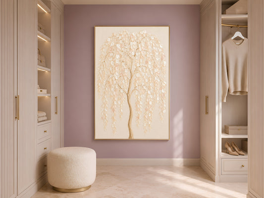 Weeping willow capiz shell print framed in a dressing room beside an open wardrobe
