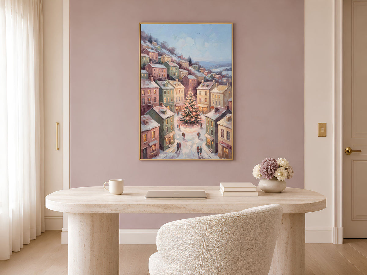 Scandinavian Christmas Wall Art, Pastel Town Square Print - Digital Download