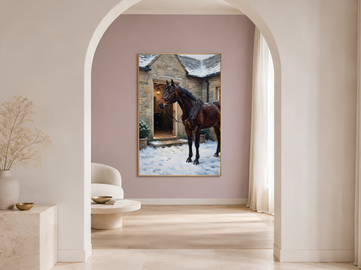 Equestrian Wall Art, Horse in Snow Oil Painting Print - Digital Download