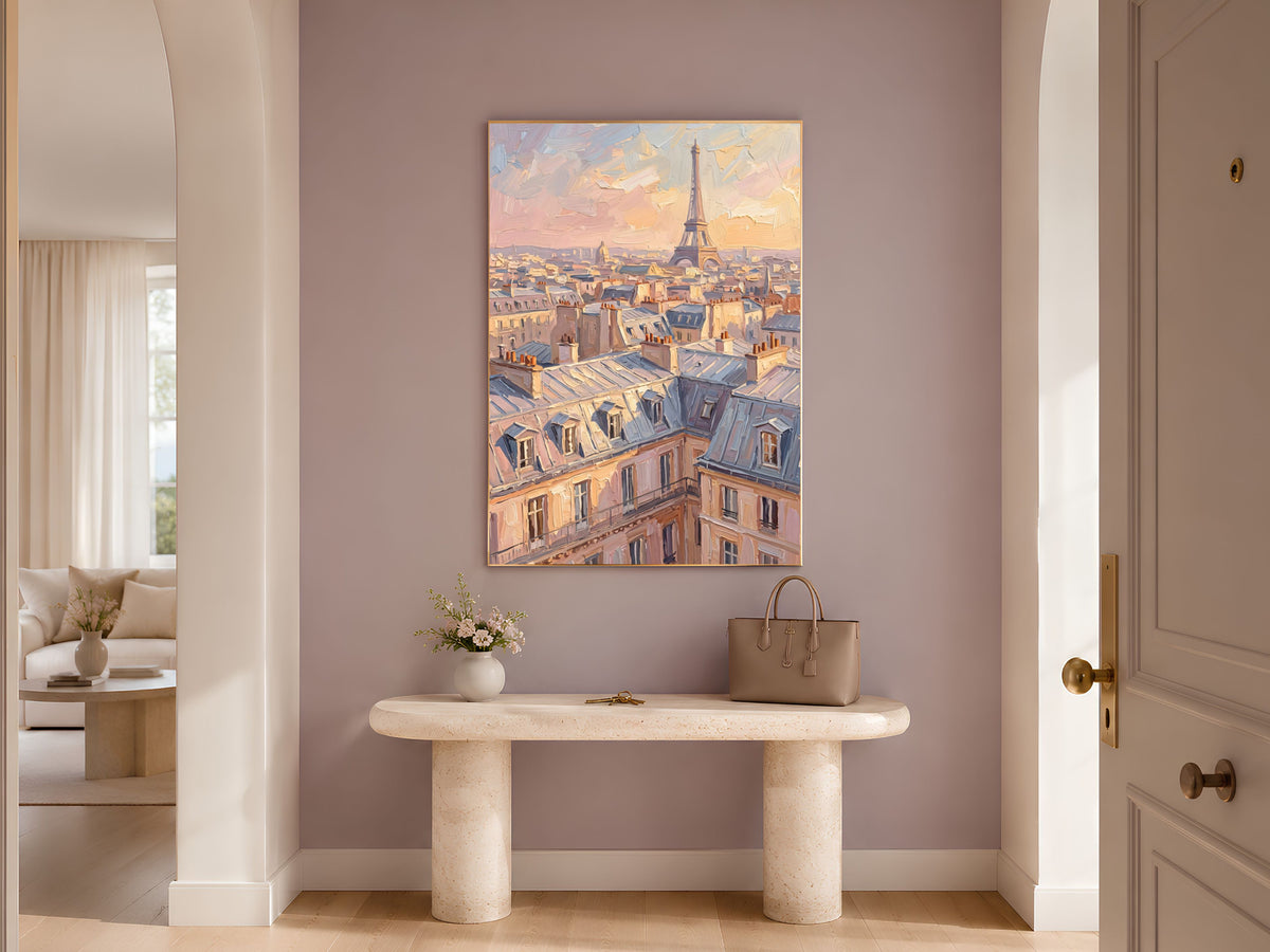 Paris Wall Art, Impasto Oil Painting Print, Eiffel Tower Sunset Rooftops - Digital Download