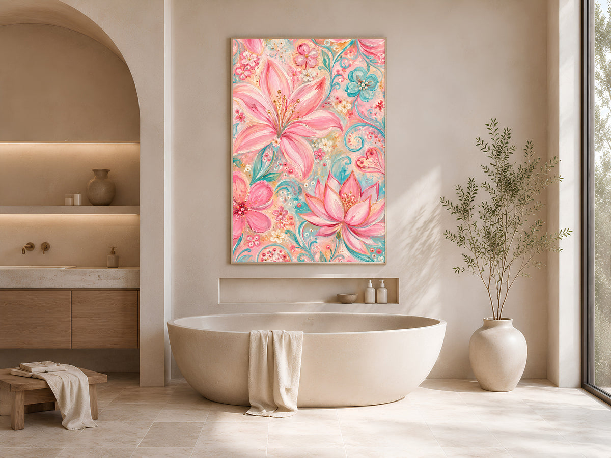 Pink Floral Wall Art, Pastel Lily and Lotus Painting, Pink and Teal Impasto Style Flower Print, Printable Digital Download