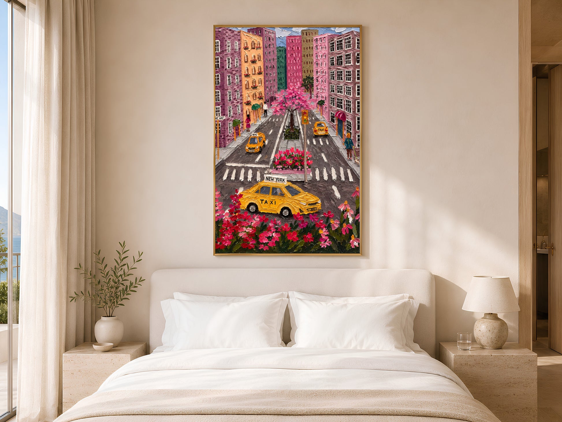 Colorful NYC taxi aerial wall art in gold frame above white bed in calm neutral bedroom with soft natural light
