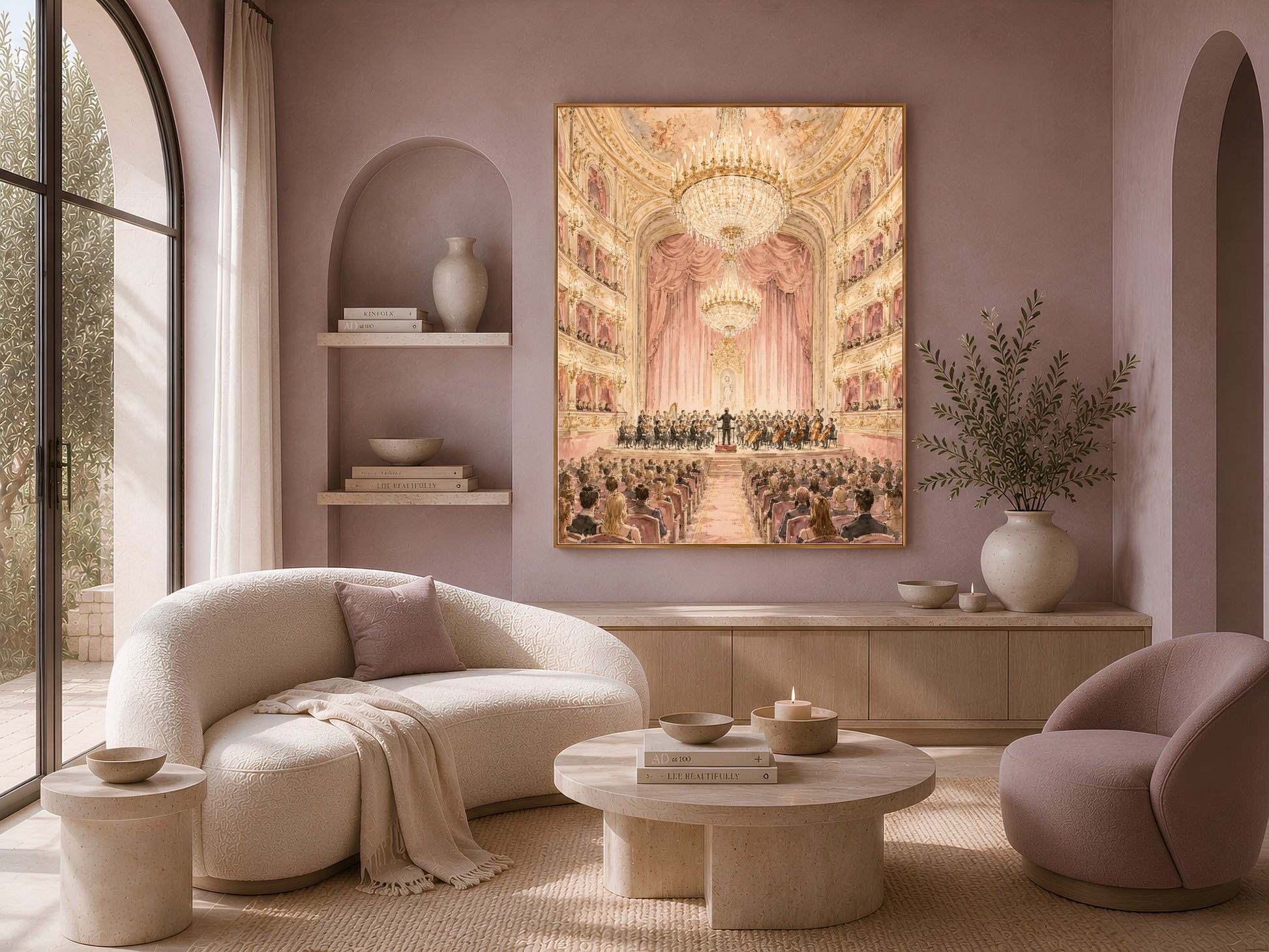 Opera house watercolor print framed above sofa in living room decor
