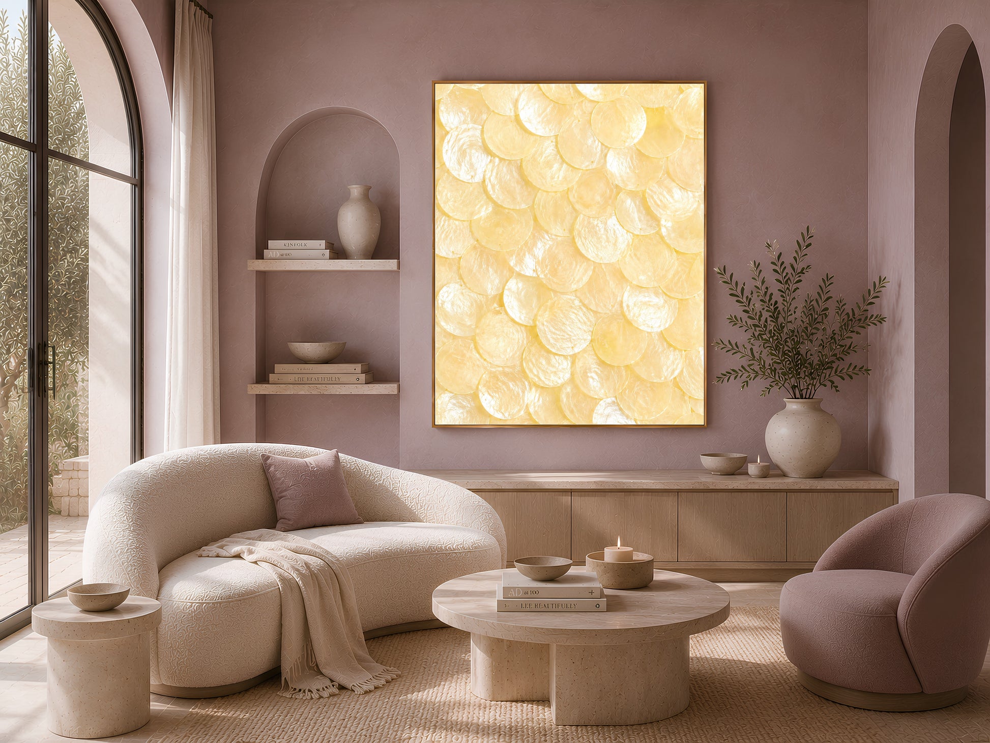 Capiz shell wall art in a gold frame above a curved cream sofa and round coffee table in a warm neutral living room
