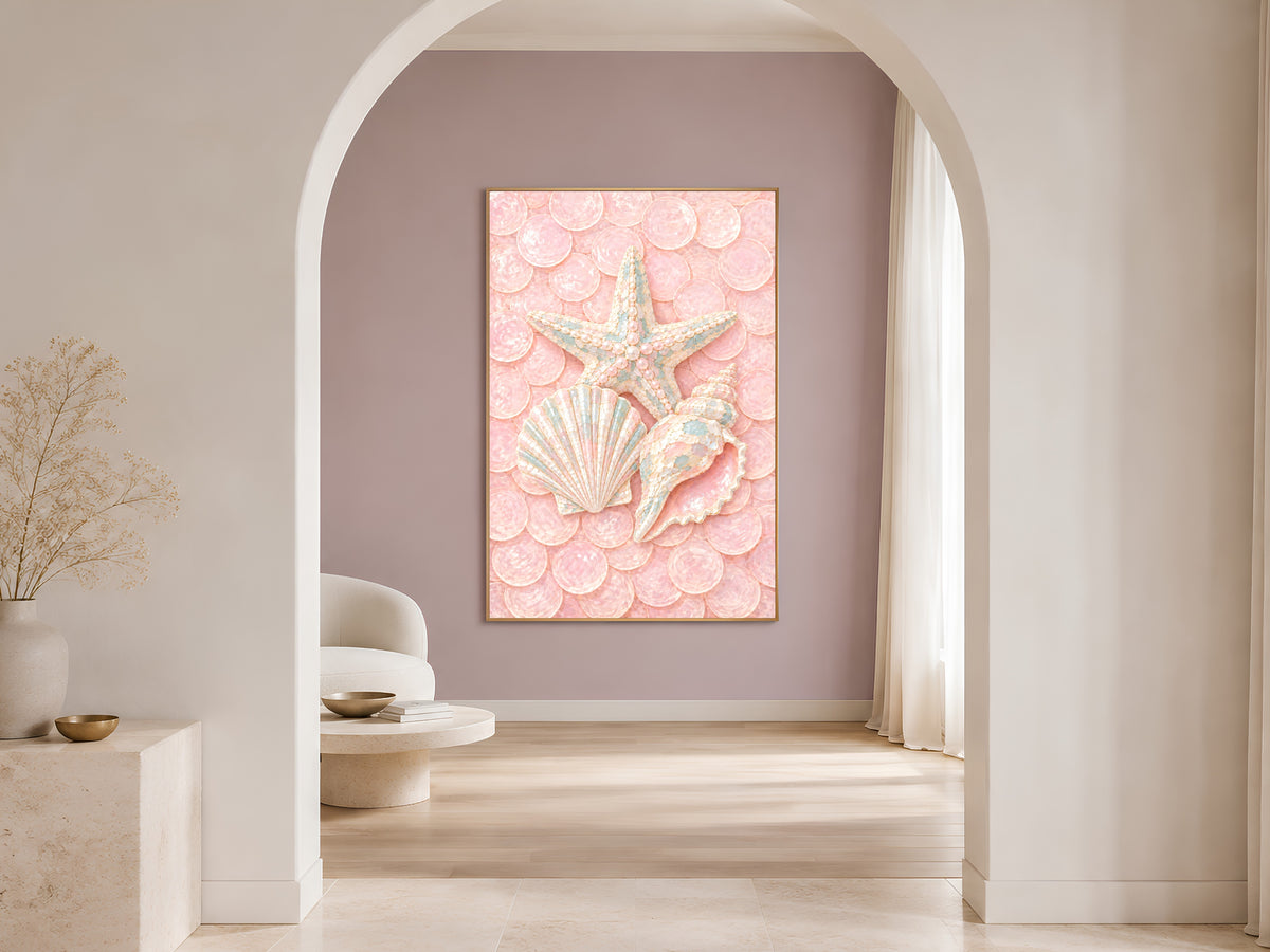 Pink Coastal Seashell Print, Starfish Scallop Conch Wall Art - Digital Download