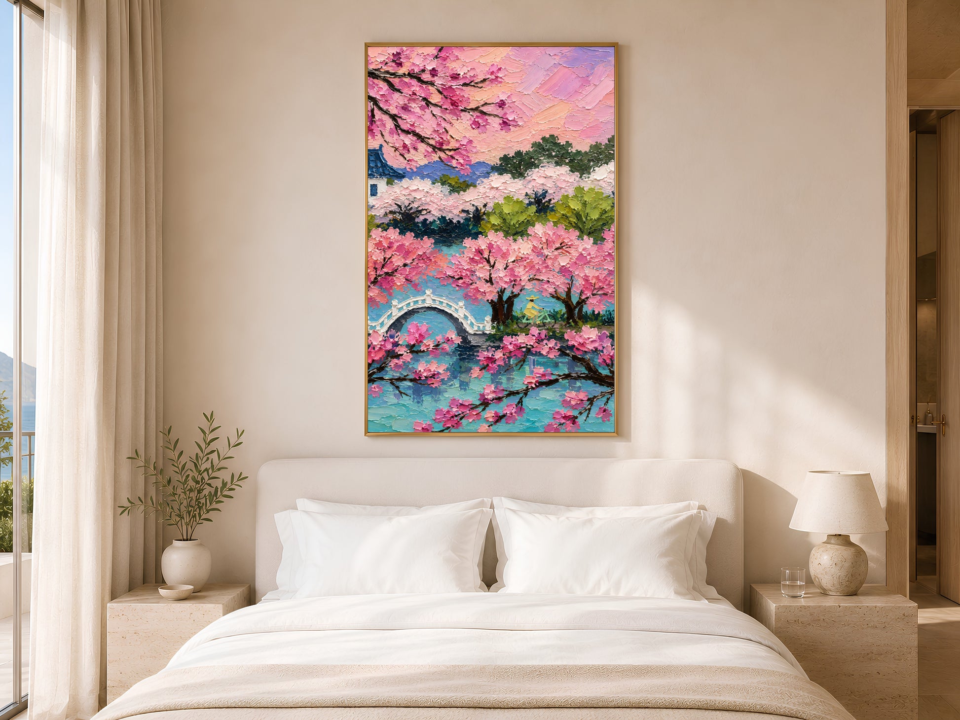 Cherry blossom sakura Japan landscape wall art in gold frame above white bed in calm neutral bedroom with soft lighting

