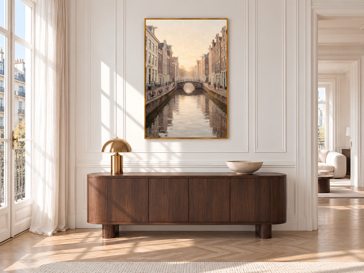 Dutch Canal Painting Print, Soft Golden Hour City Art, Neutral European Canal Wall Art, Printable Digital Download