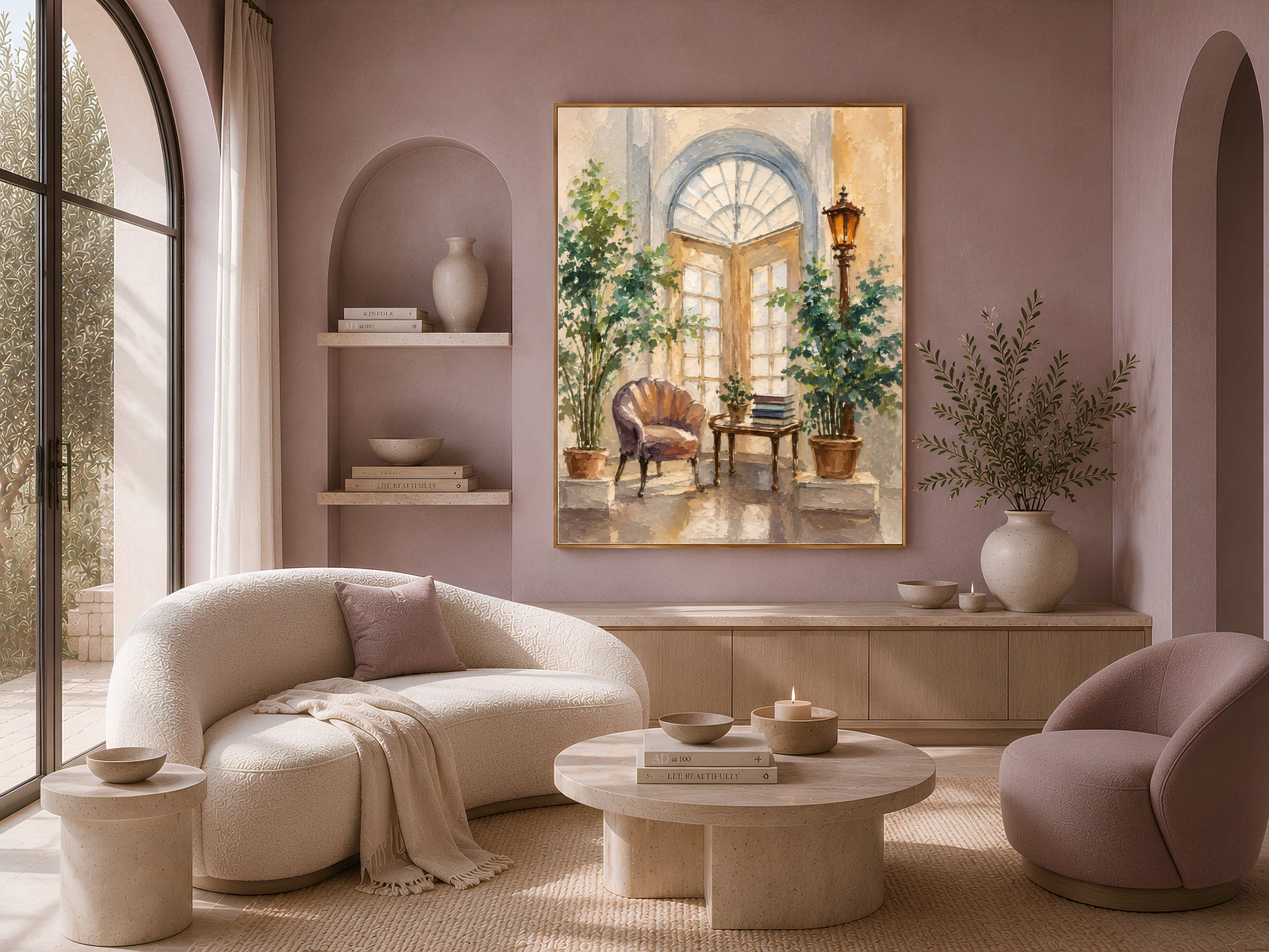 Mediterranean courtyard wall art in a gold frame above a mauve wall in a living room with a curved boucle sofa
