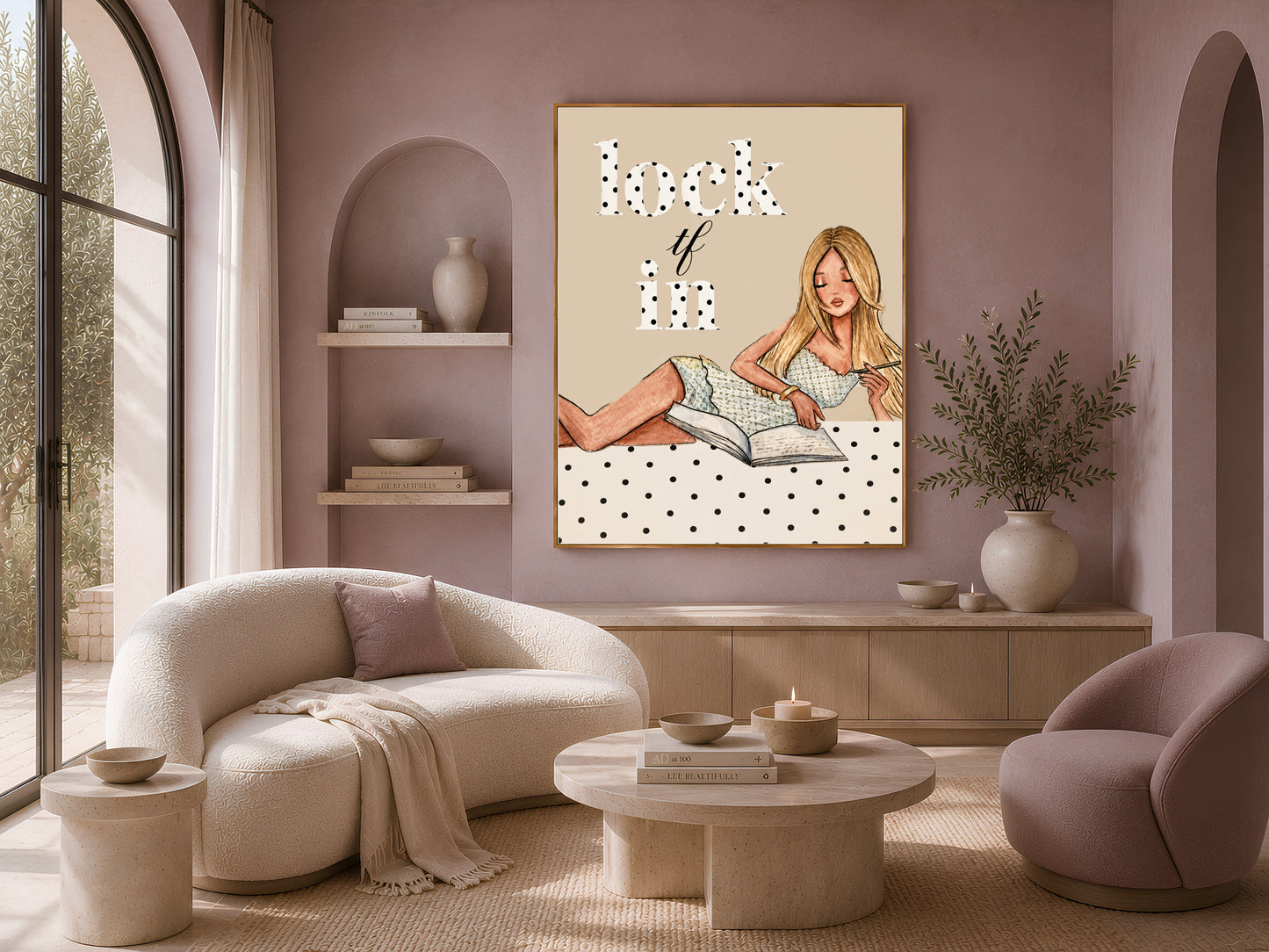Lock TF In polka dot printable wall art framed in a cozy living room nook, funny preppy study motivation print