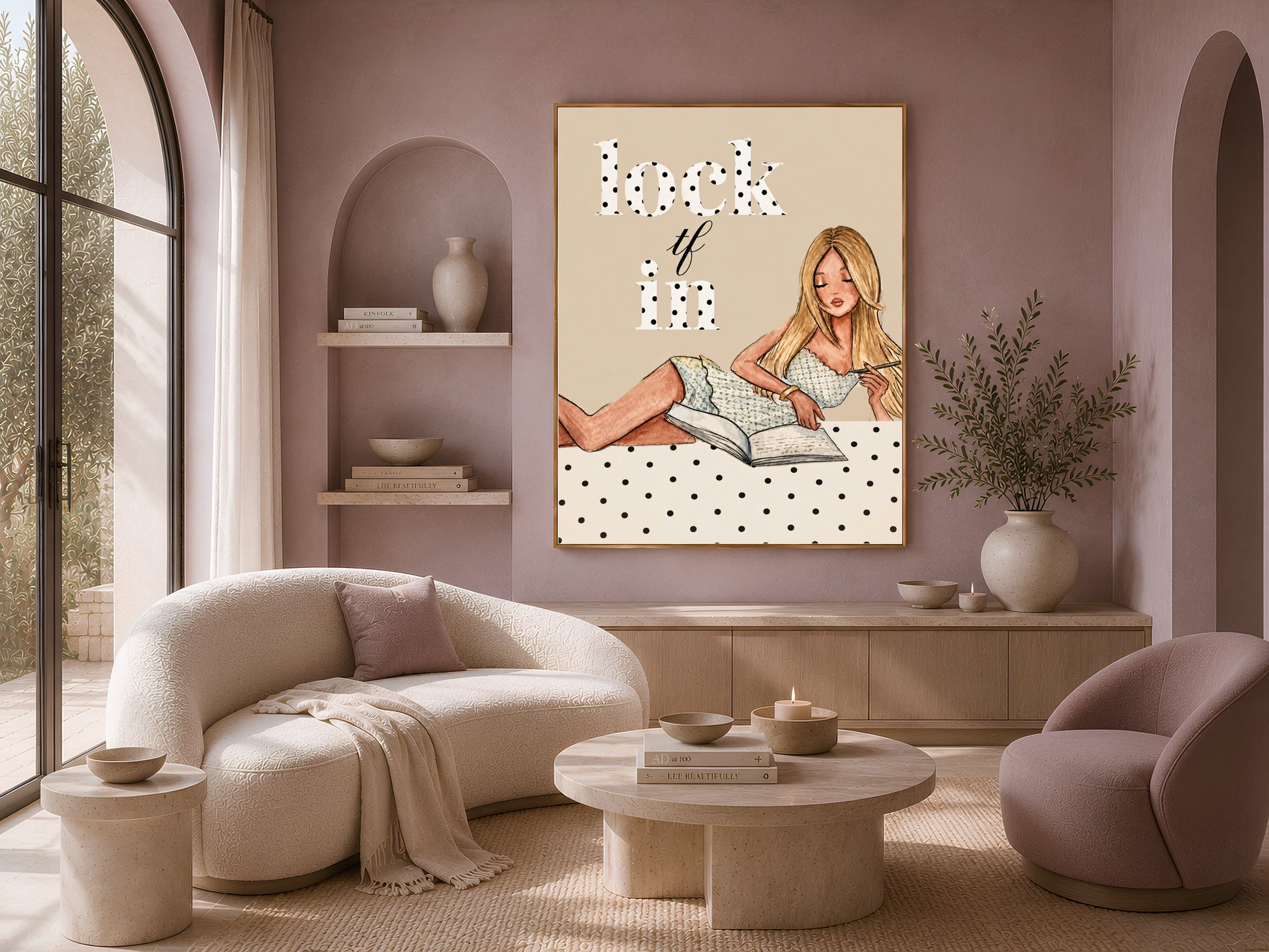 Lock TF In polka dot printable wall art framed in a cozy living room nook, funny preppy study motivation print
