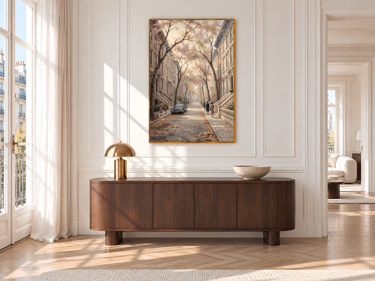 Autumn Brownstone Street Painting Print, Vintage Fall City Art, Pastel Tree Lined Street Wall Art, Digital Download