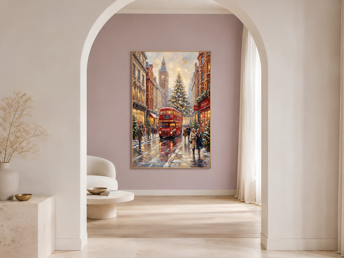 London Christmas Wall Art, Vintage Oil Painting Print - Digital Download