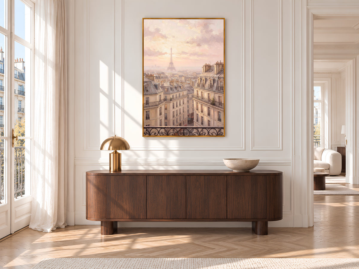 Paris Rooftops Painting Print, Pink Paris Balcony View Art, Pastel Parisian Skyline Wall Art, Printable Digital Download