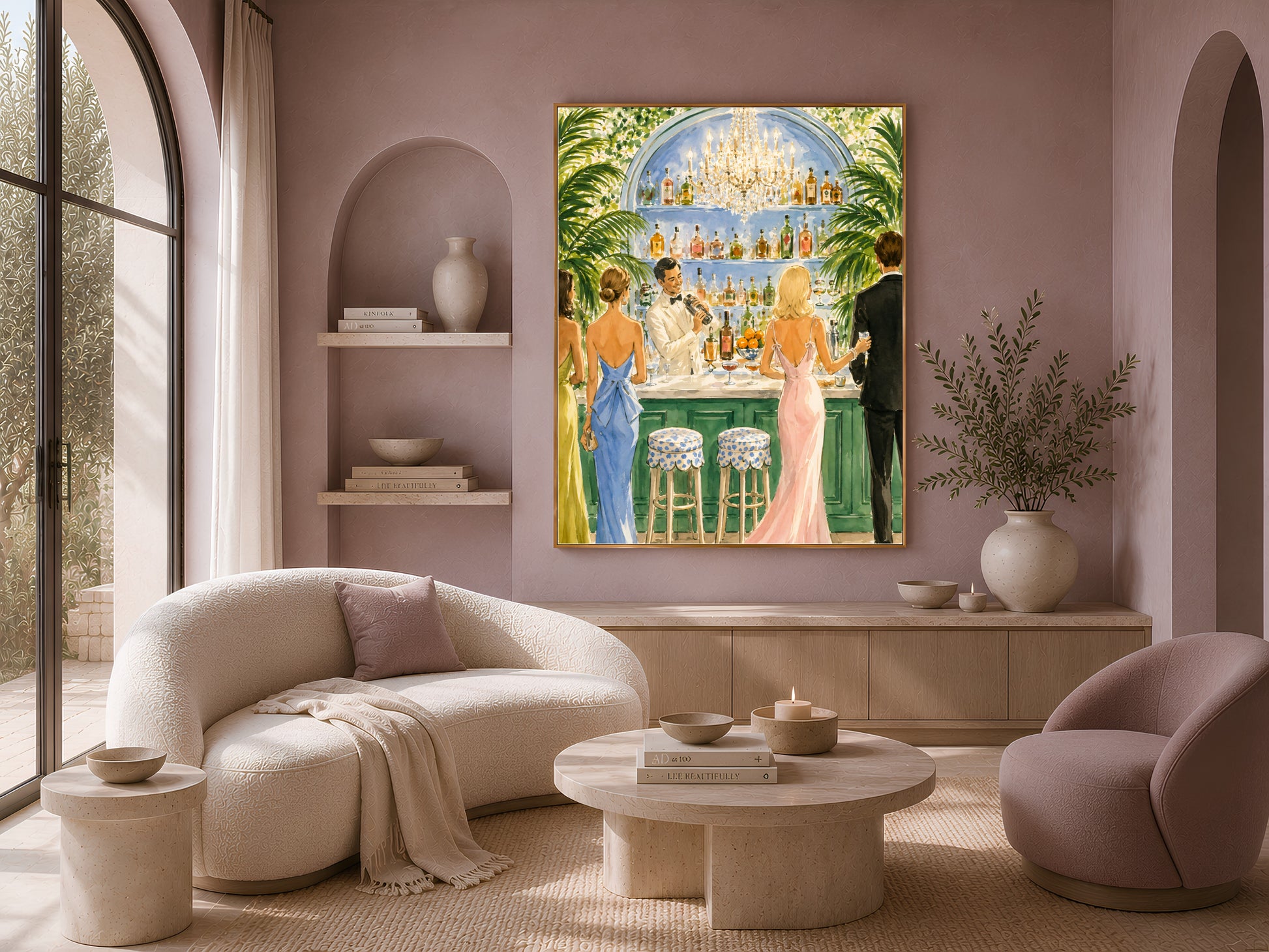Framed cocktail party watercolor print above a cream sofa and armchair in a bright living room.