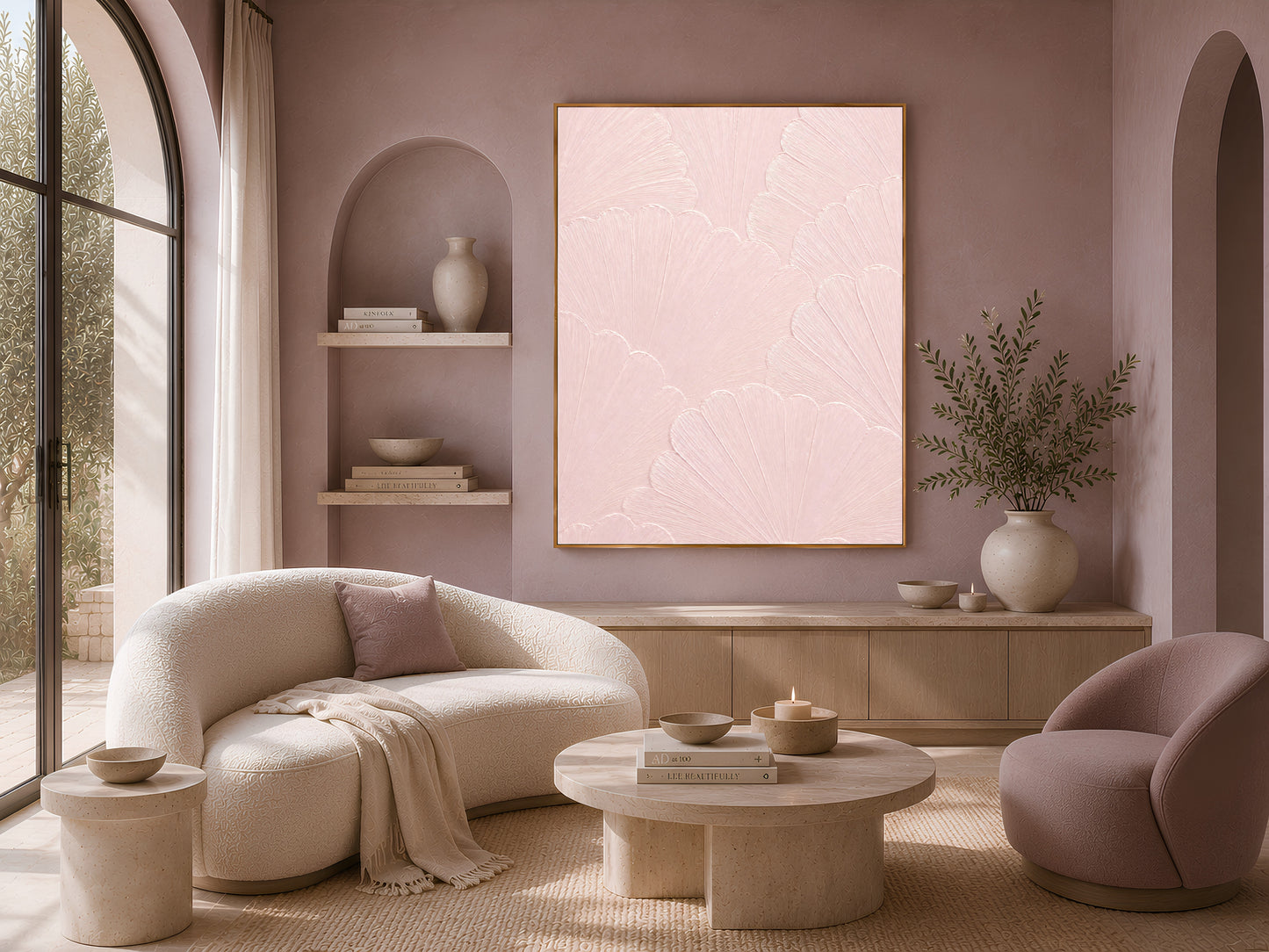 Ballet pink wall art displayed in a mauve living room with a boucle sofa and arched shelving