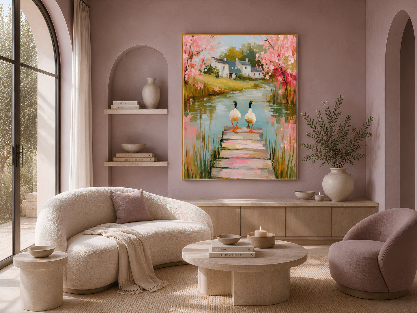 Cottagecore wall art above a boucle sofa, mallard duck and cherry blossom print in beige living room