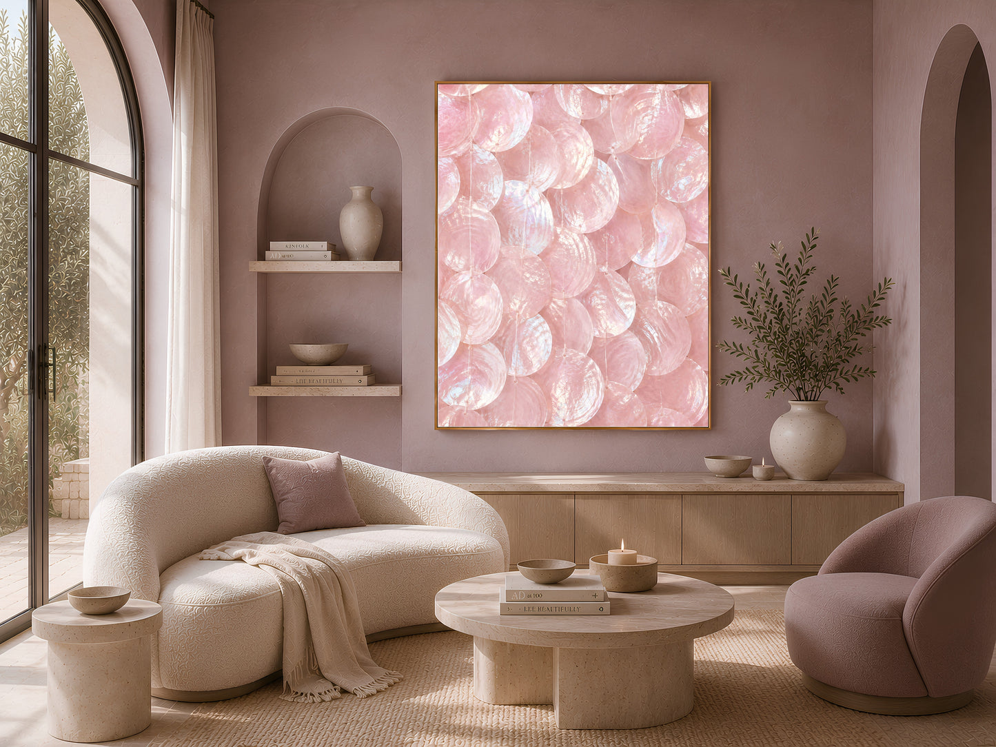 Framed pink capiz shell art print above a cream sofa and armchair in a bright, arched living room.