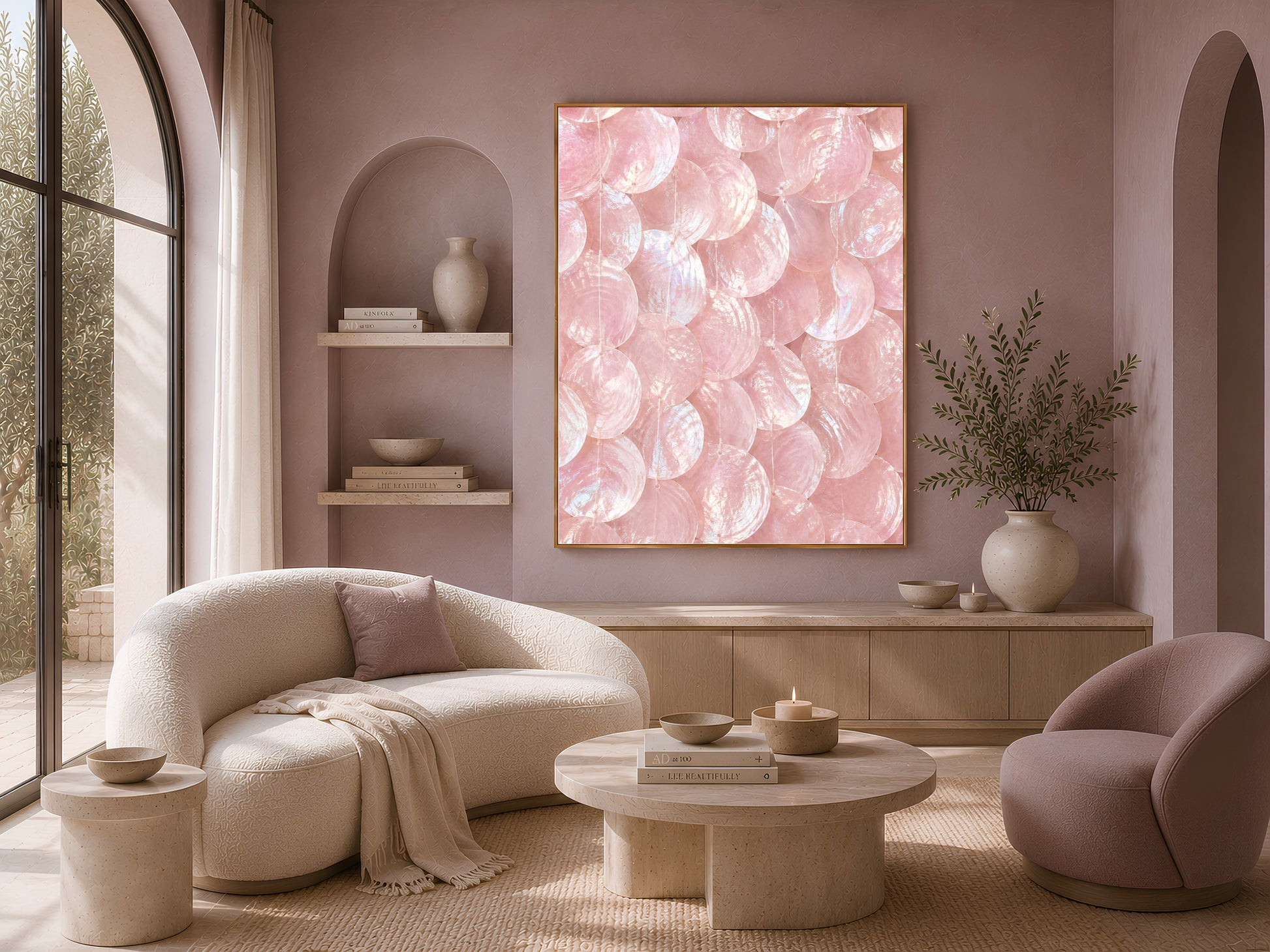 Framed pink capiz shell art print above a cream sofa and armchair in a bright, arched living room.