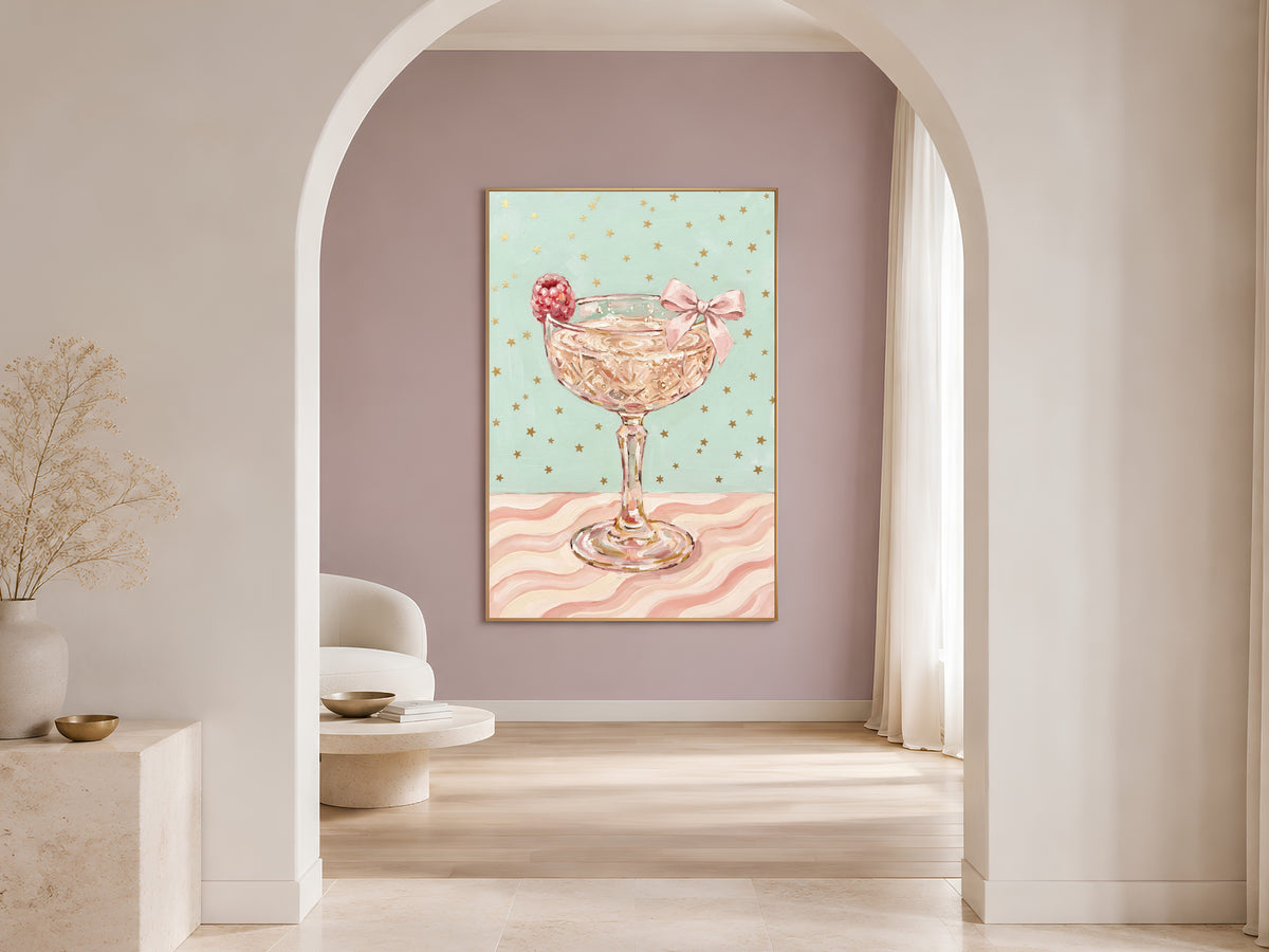 Champagne Coupe Wall Art, Pink Bow Coquette Oil Painting Print - Digital Download