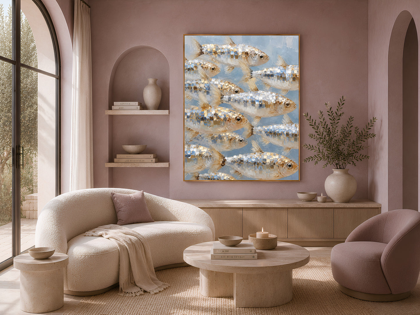 School of fish wall art framed above a curved boucle sofa in a coastal living room, silver gold nautical painting