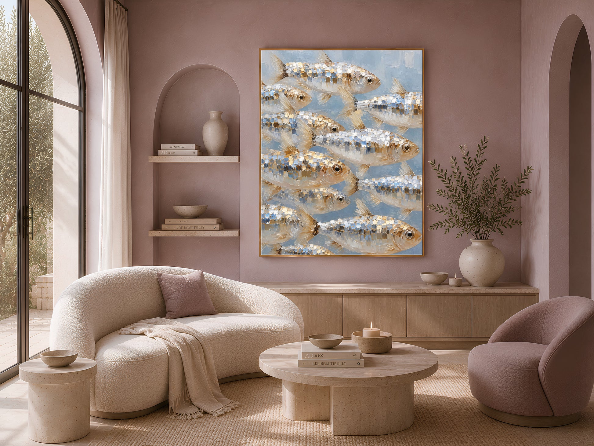 School of fish wall art framed above a curved boucle sofa in a coastal living room, silver gold nautical painting