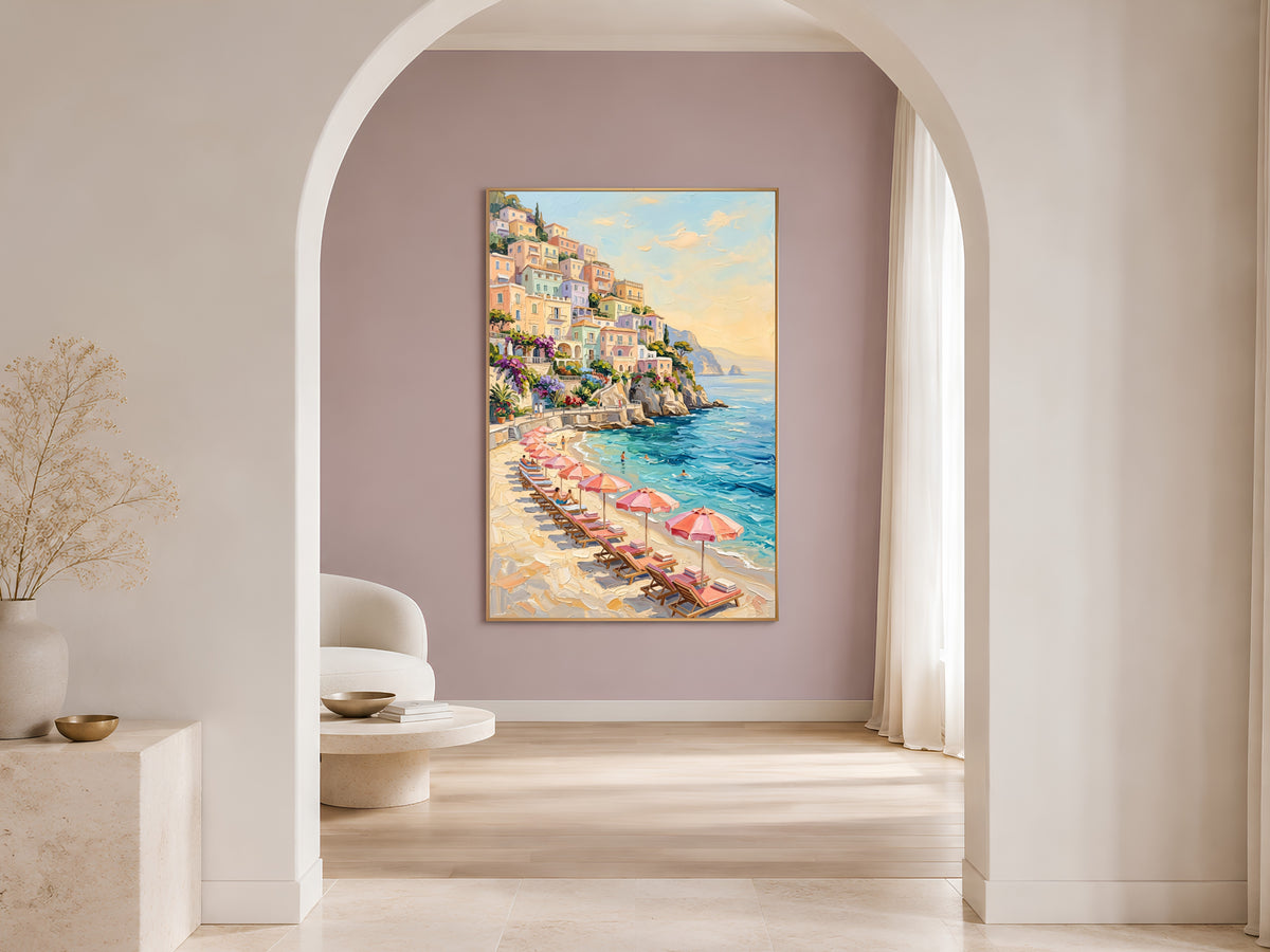 Positano Wall Art, Amalfi Coast Beach Club Oil Painting Print - Digital Download