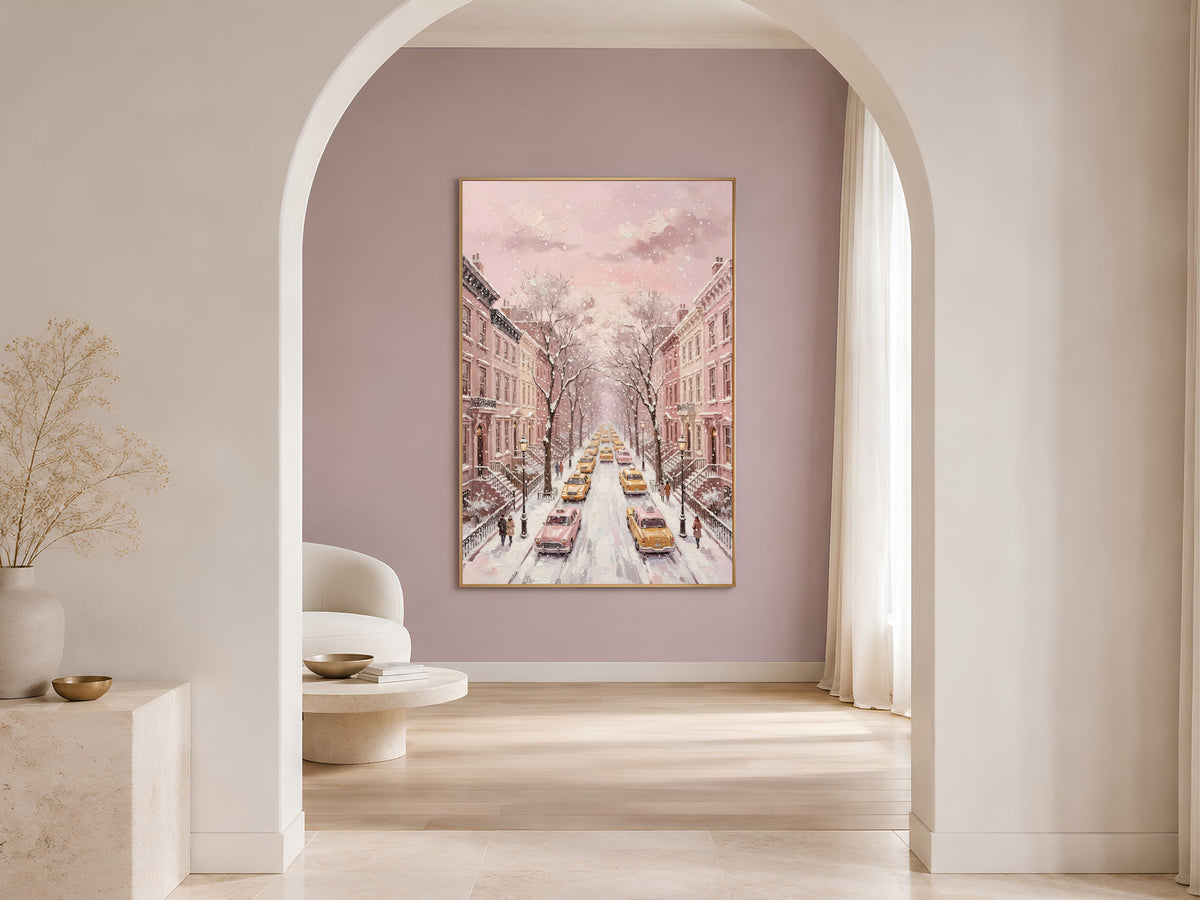 Pink NYC Taxi Wall Art, Snowy New York Street Print - Digital Download
