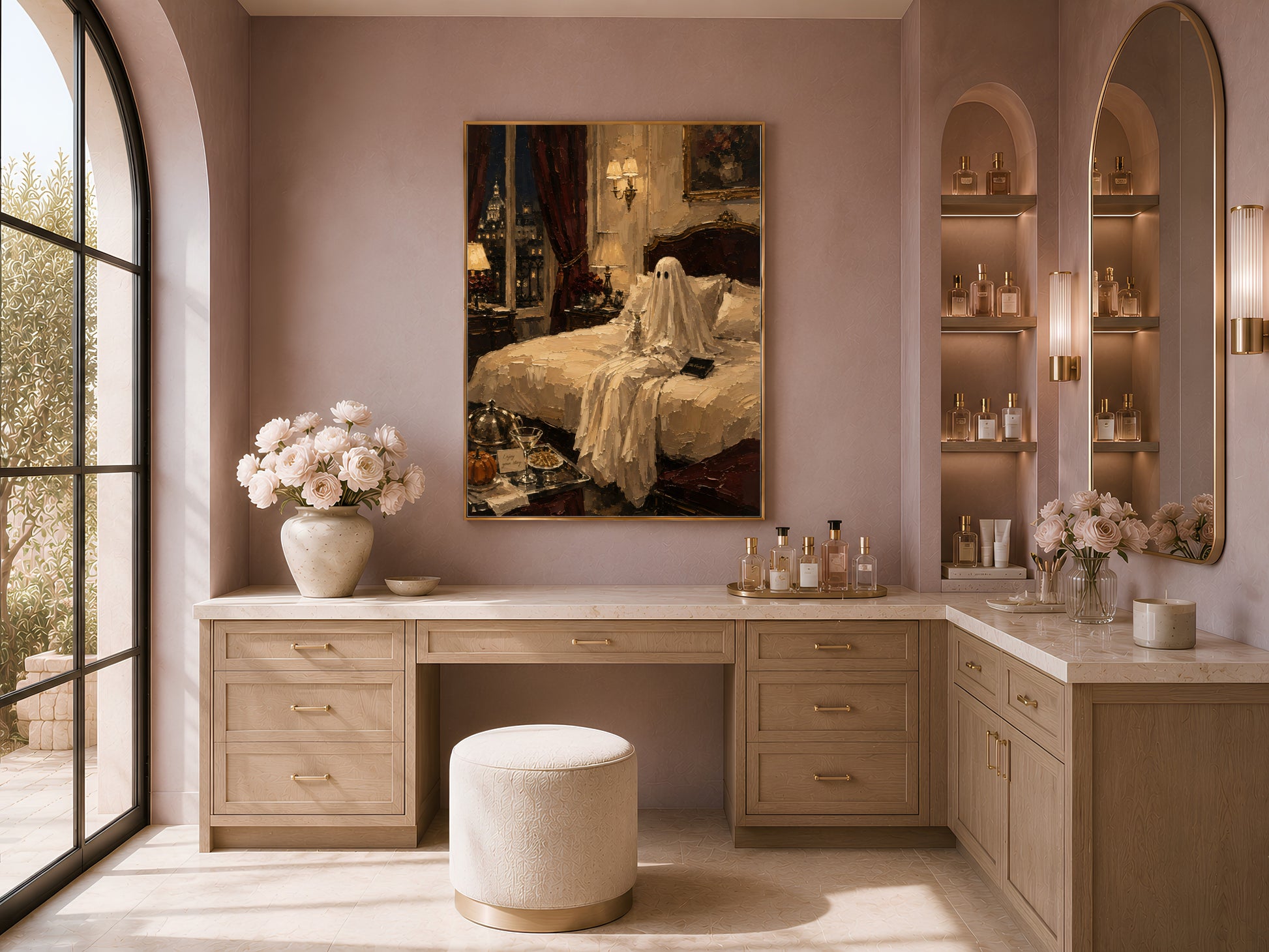 Arched vanity nook with the luxury hotel Halloween print above a wood console, stool, and fresh flowers