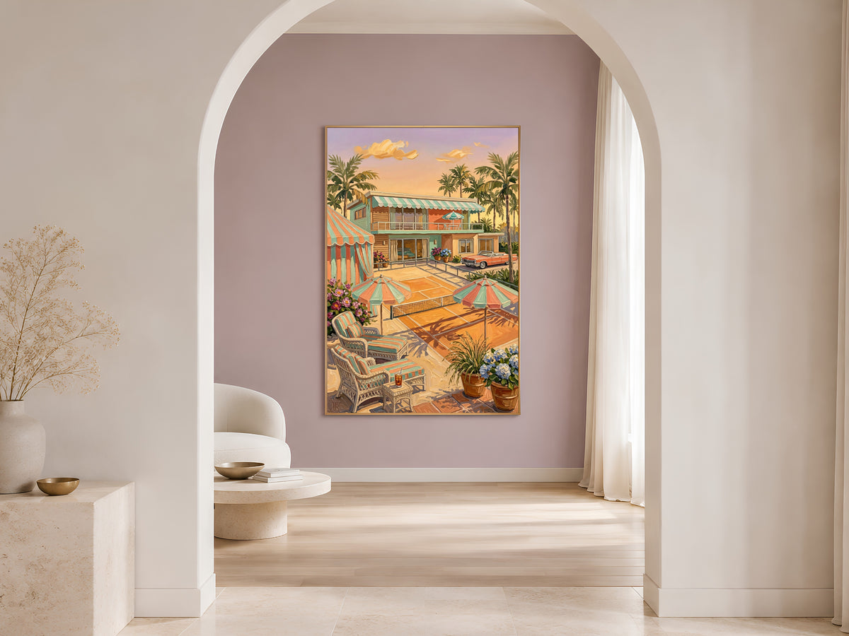 Retro Palm Springs Tennis Wall Art, Pastel Mid-Century Pool House Print - Digital Download
