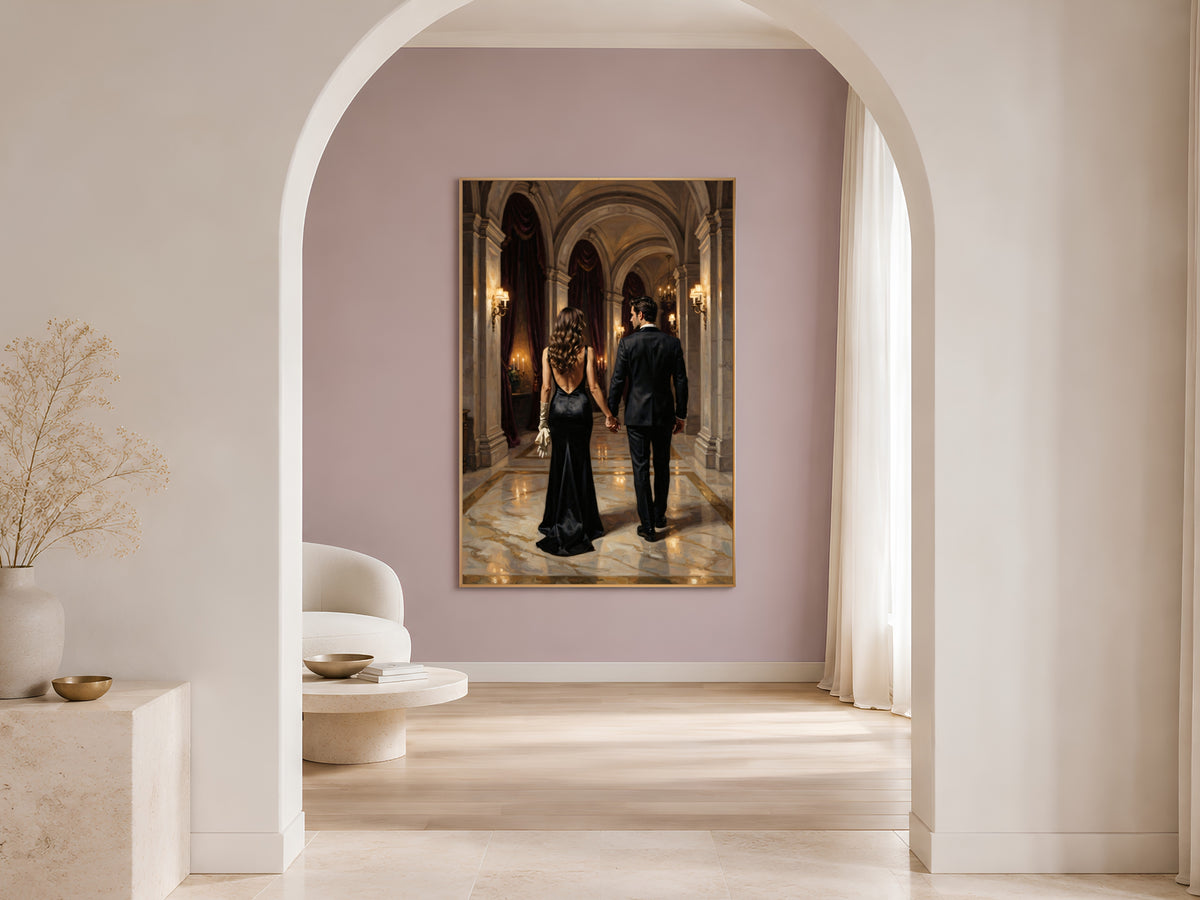 Dark Academia Couple Wall Art, Elegant Gala Hallway Oil Painting Print - Digital Download