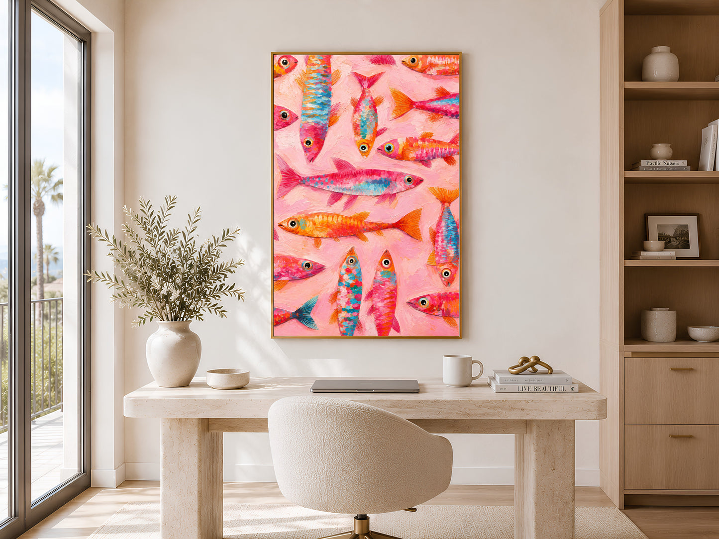 Colorful tropical fish wall art printable styled above a minimalist desk in a warm coastal-inspired home office with organic neutral decor.