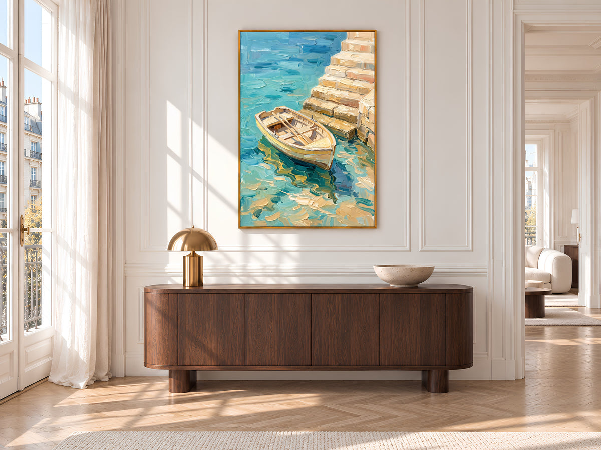 Rowboat Painting Print, Turquoise Sea Boat Art, Textured Coastal Wall Art, Mediterranean Decor, Printable Digital Download