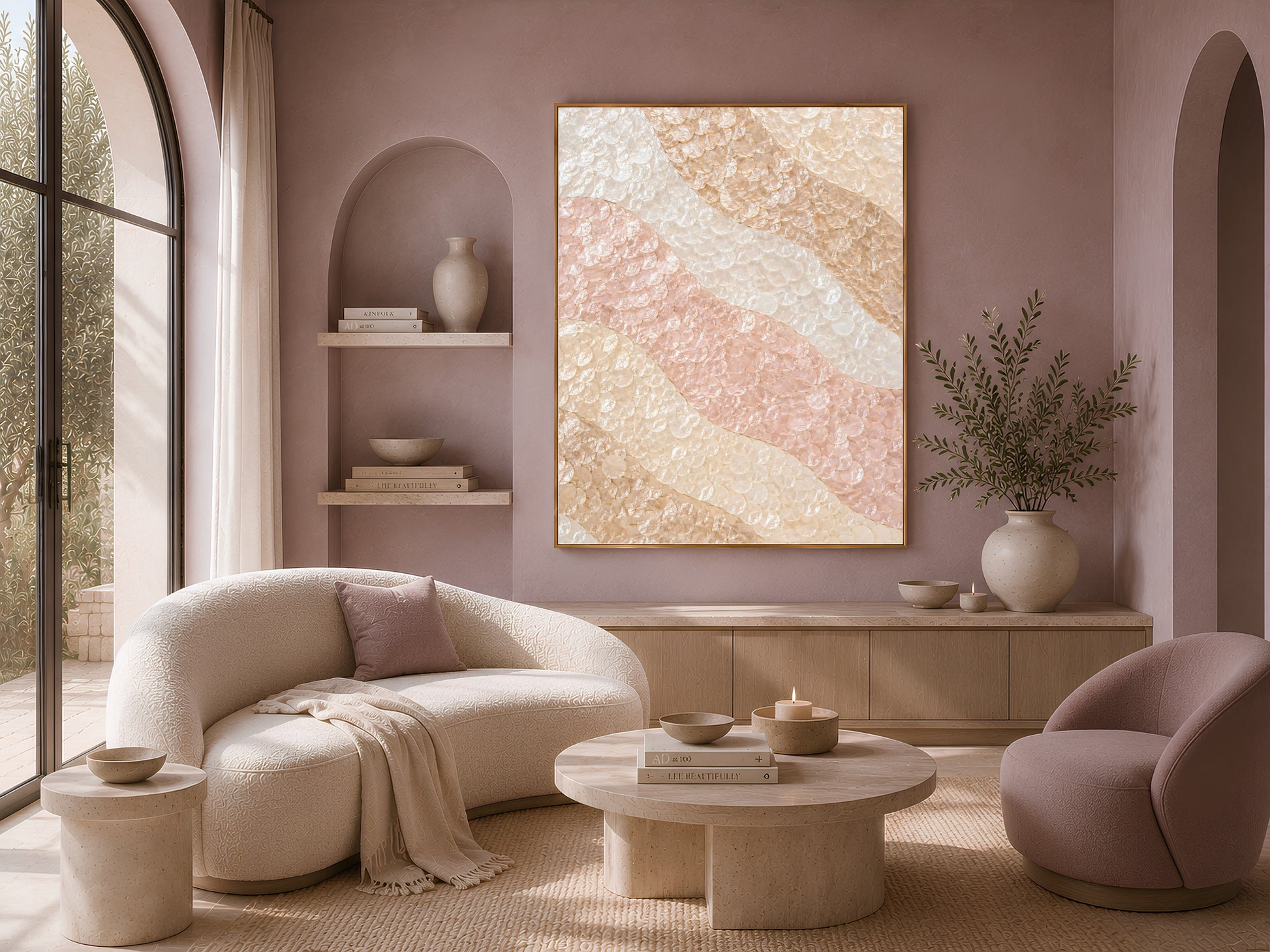 Ombre wave mosaic wall art print in a gold frame in a reading nook with built-in shelving
