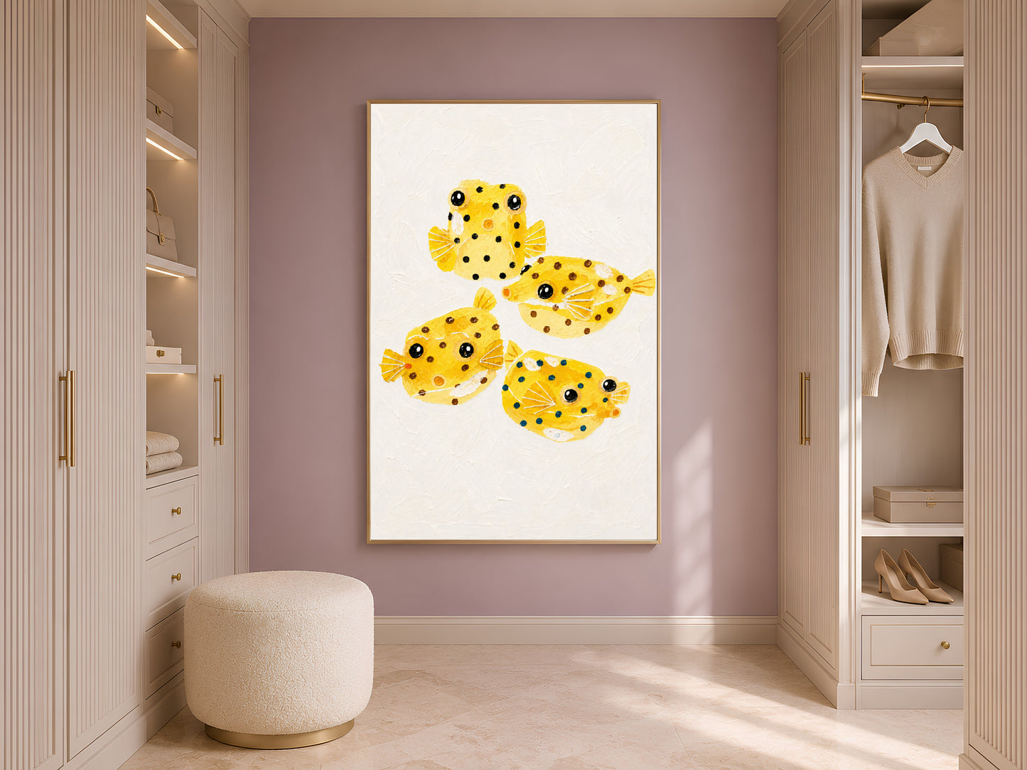 Yellow boxfish painting framed in a closet beside open wardrobe shelving


