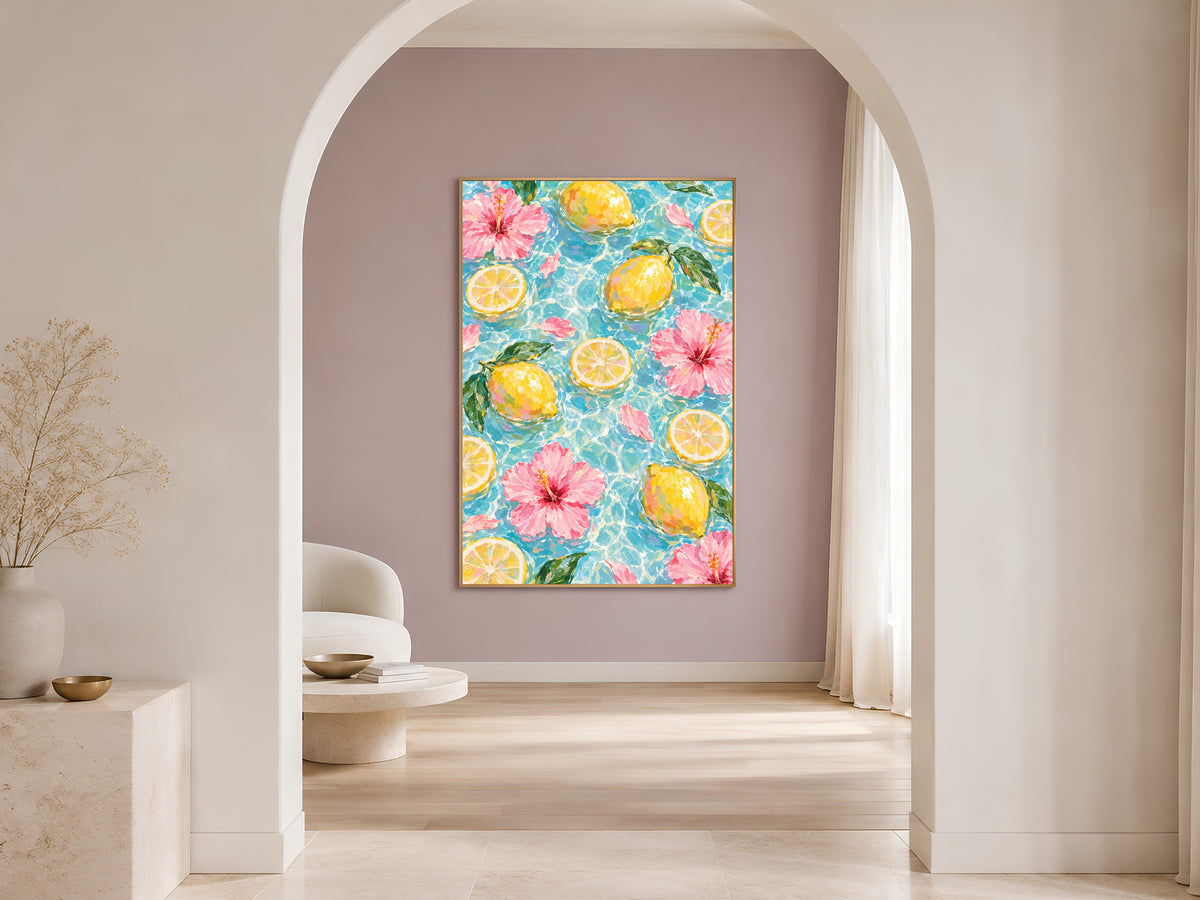 Lemon Hibiscus Pool Art Print, Amalfi Summer Wall Art - Digital Download
