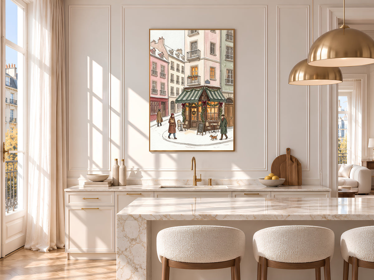 Snowy Paris Cafe Print, Christmas Bistro Watercolor, Winter Street Scene, Holiday Digital Download